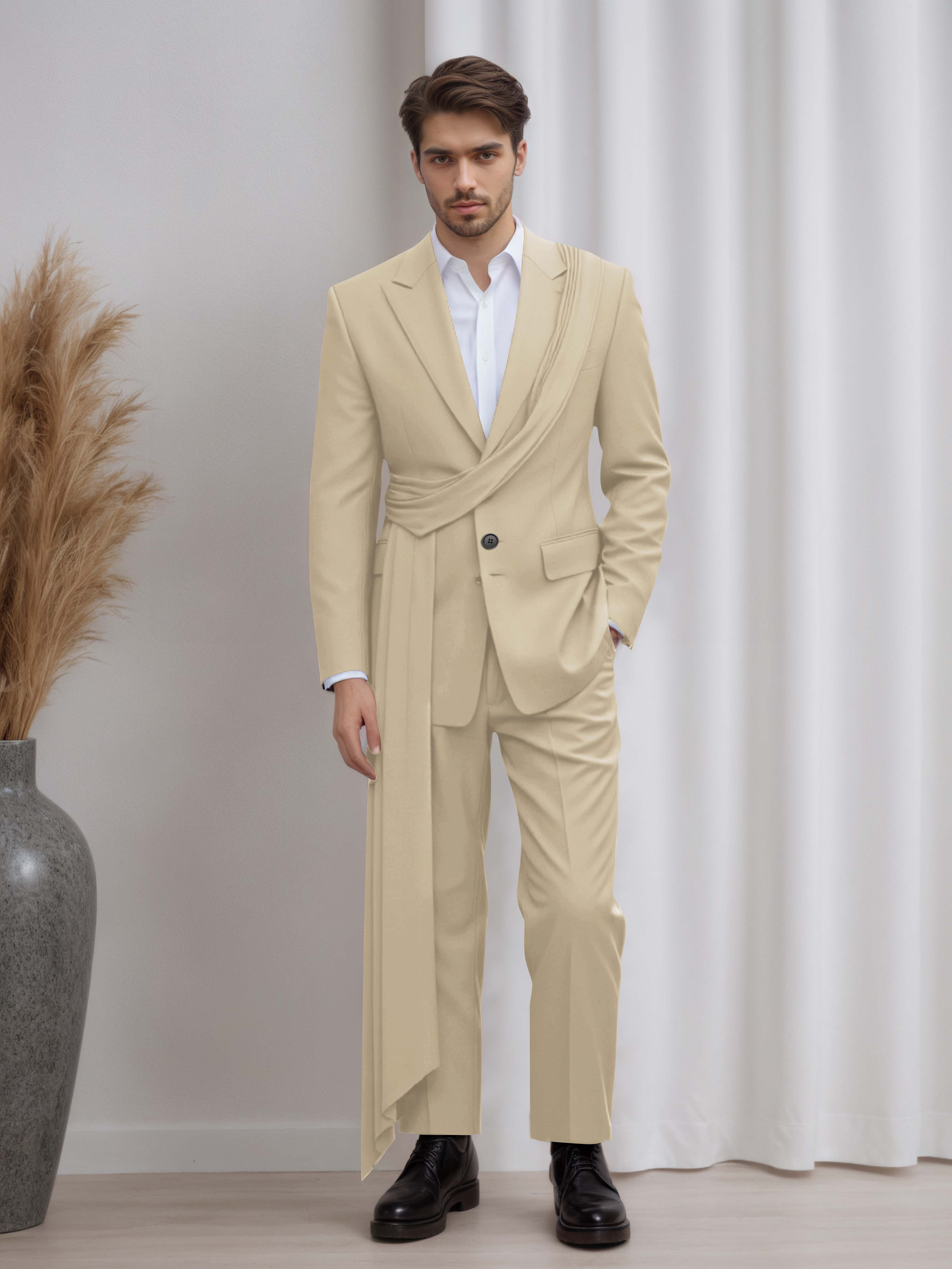 Designer Peak Lapel Men's 2 Pieces Suit with Ribbon Trim for Formal Events