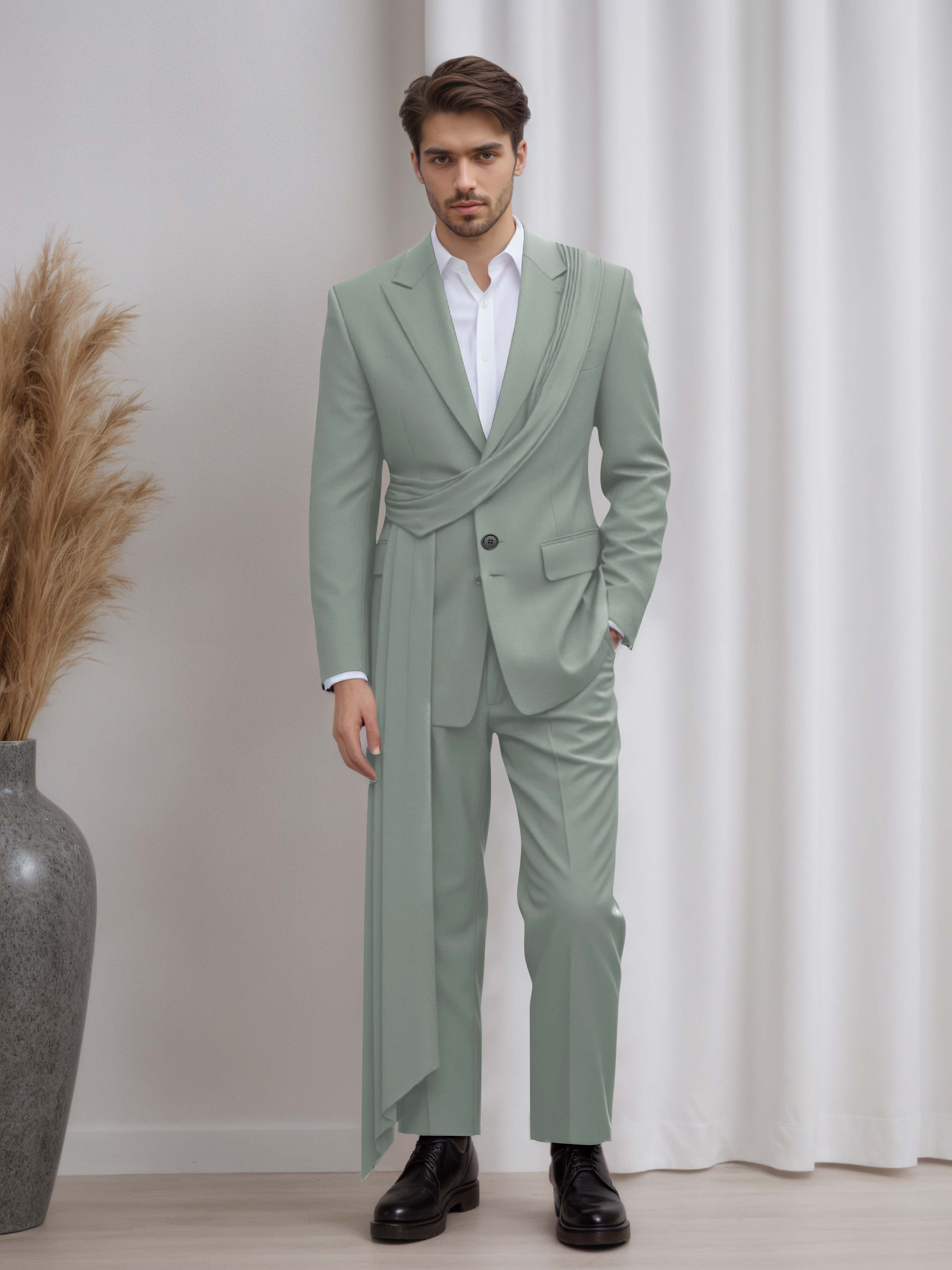 Designer Peak Lapel Men's 2 Pieces Suit with Ribbon Trim for Formal Events