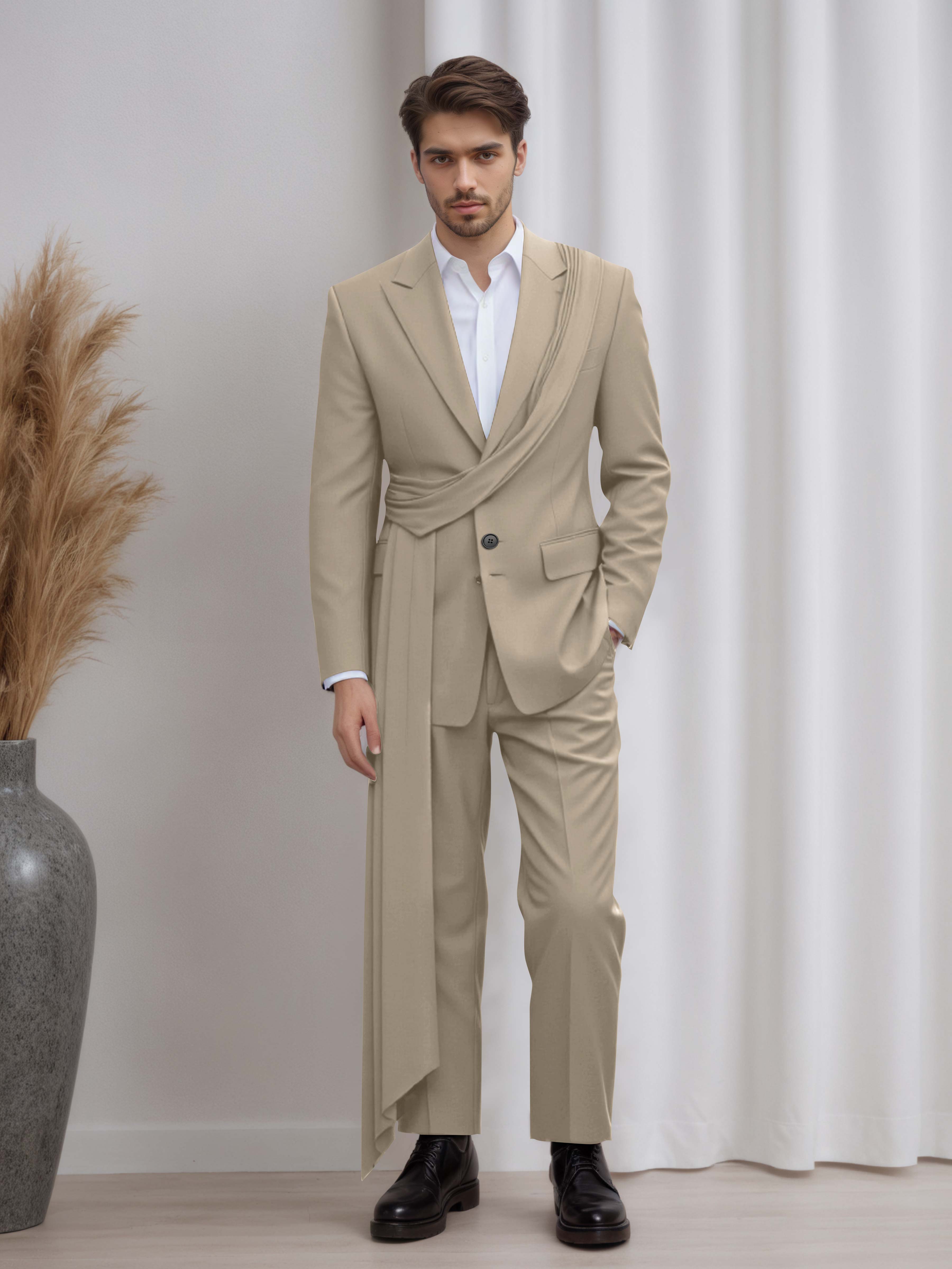 Designer Peak Lapel Men's 2 Pieces Suit with Ribbon Trim for Formal Events