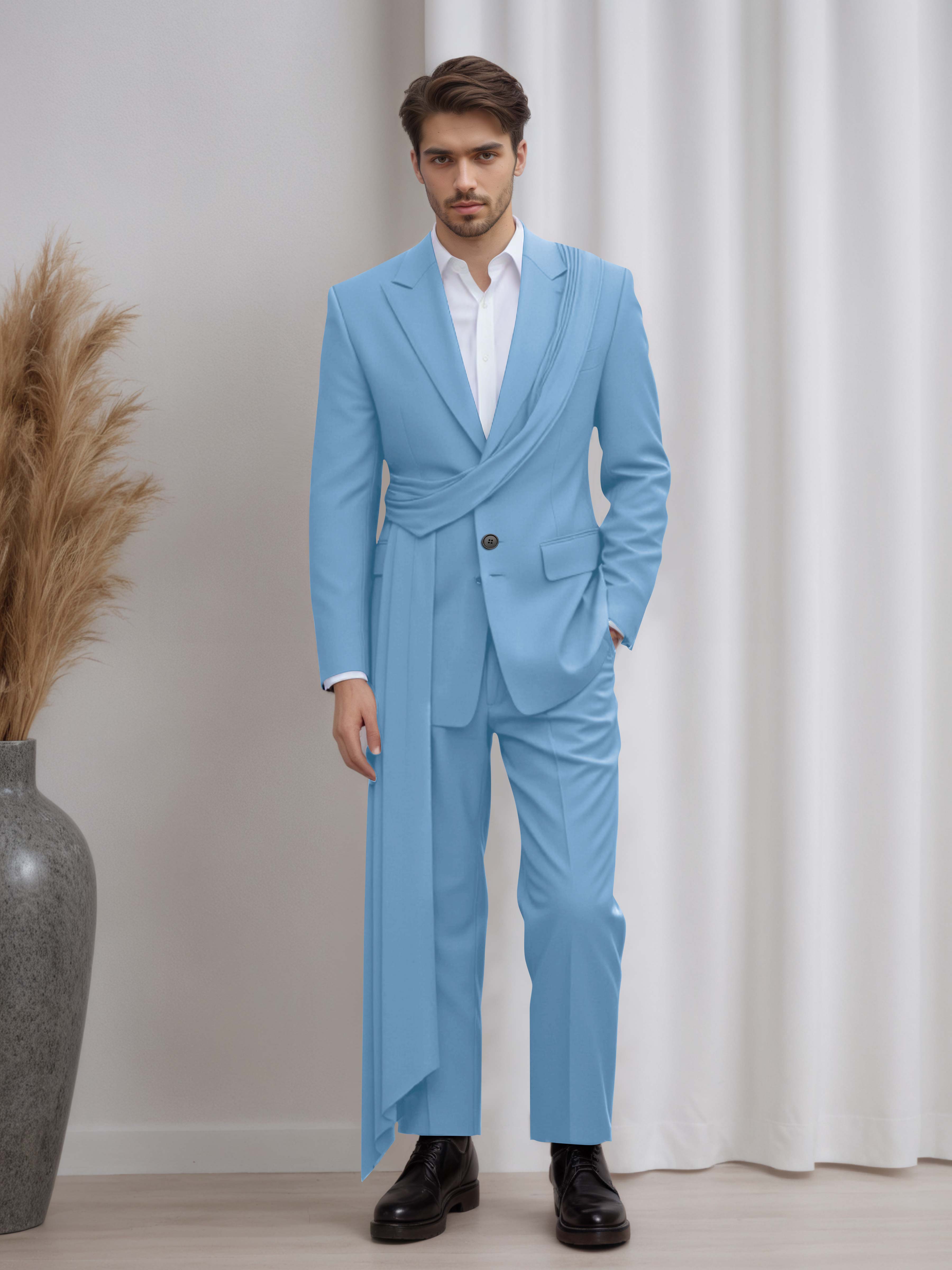 Designer Peak Lapel Men's 2 Pieces Suit with Ribbon Trim for Formal Events