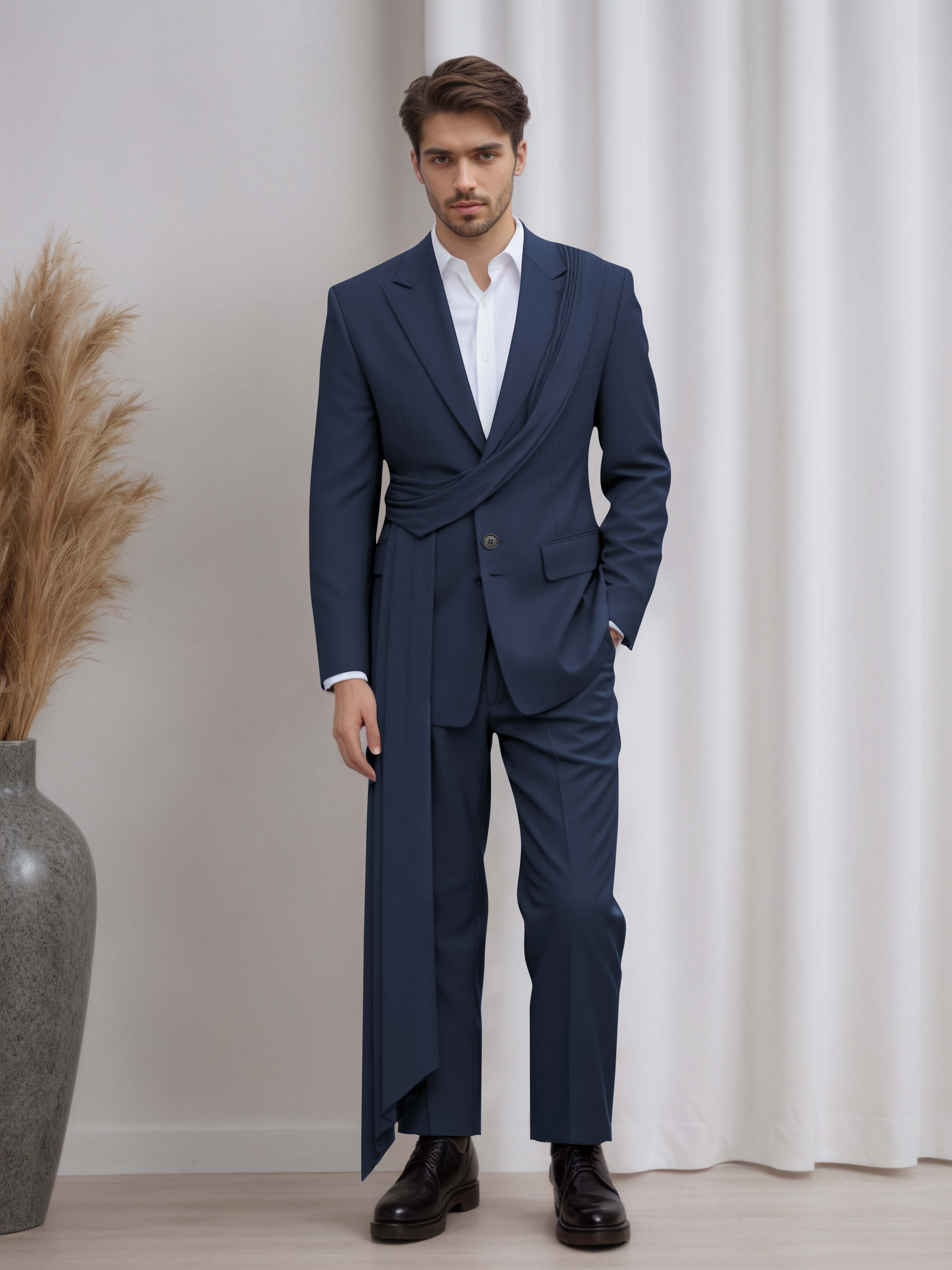 Designer Peak Lapel Men's 2 Pieces Suit with Ribbon Trim for Formal Events