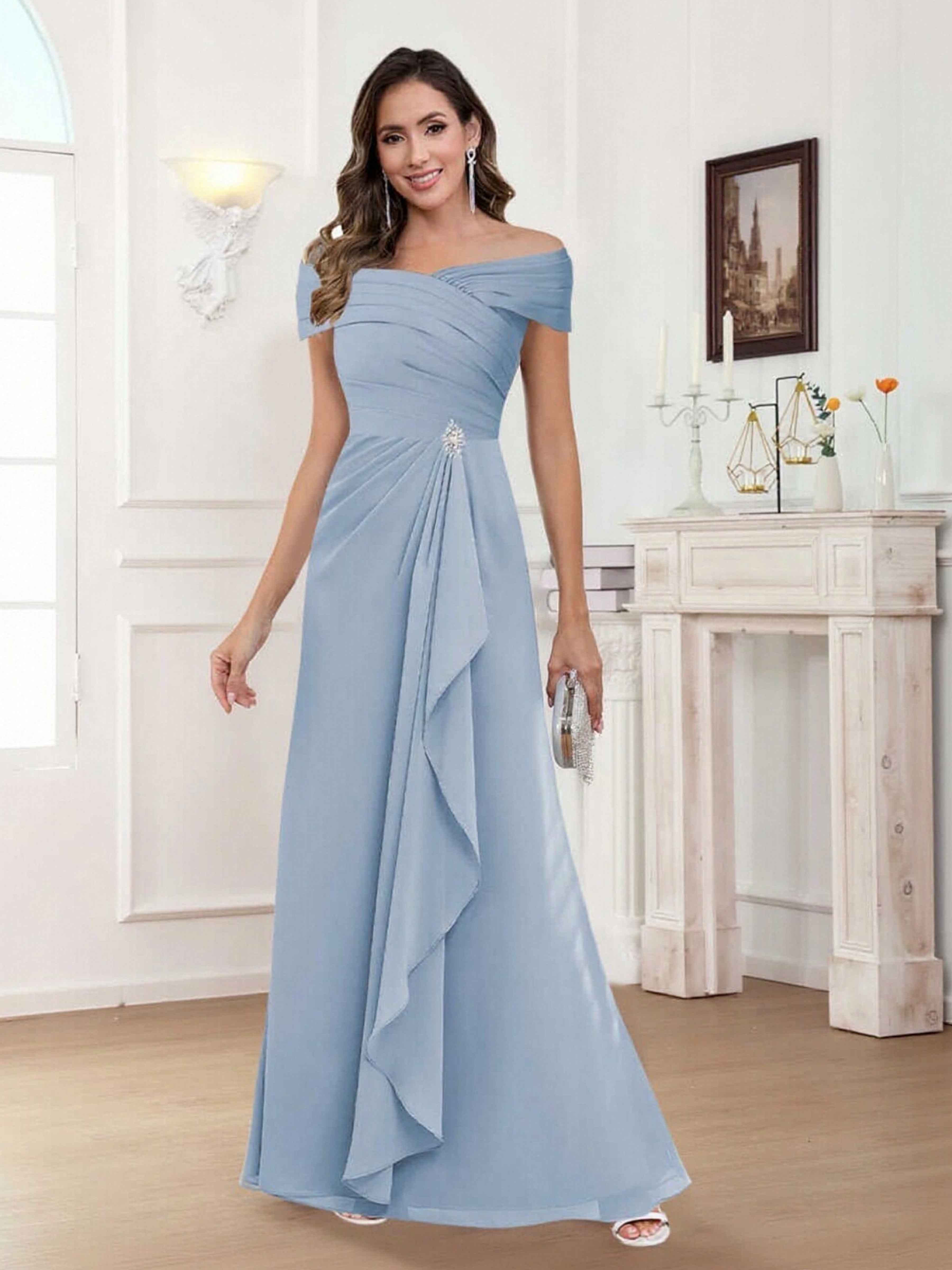 Draelithra A-Line Off the Shoulder Long Chiffon Mother of the Bride Dresses