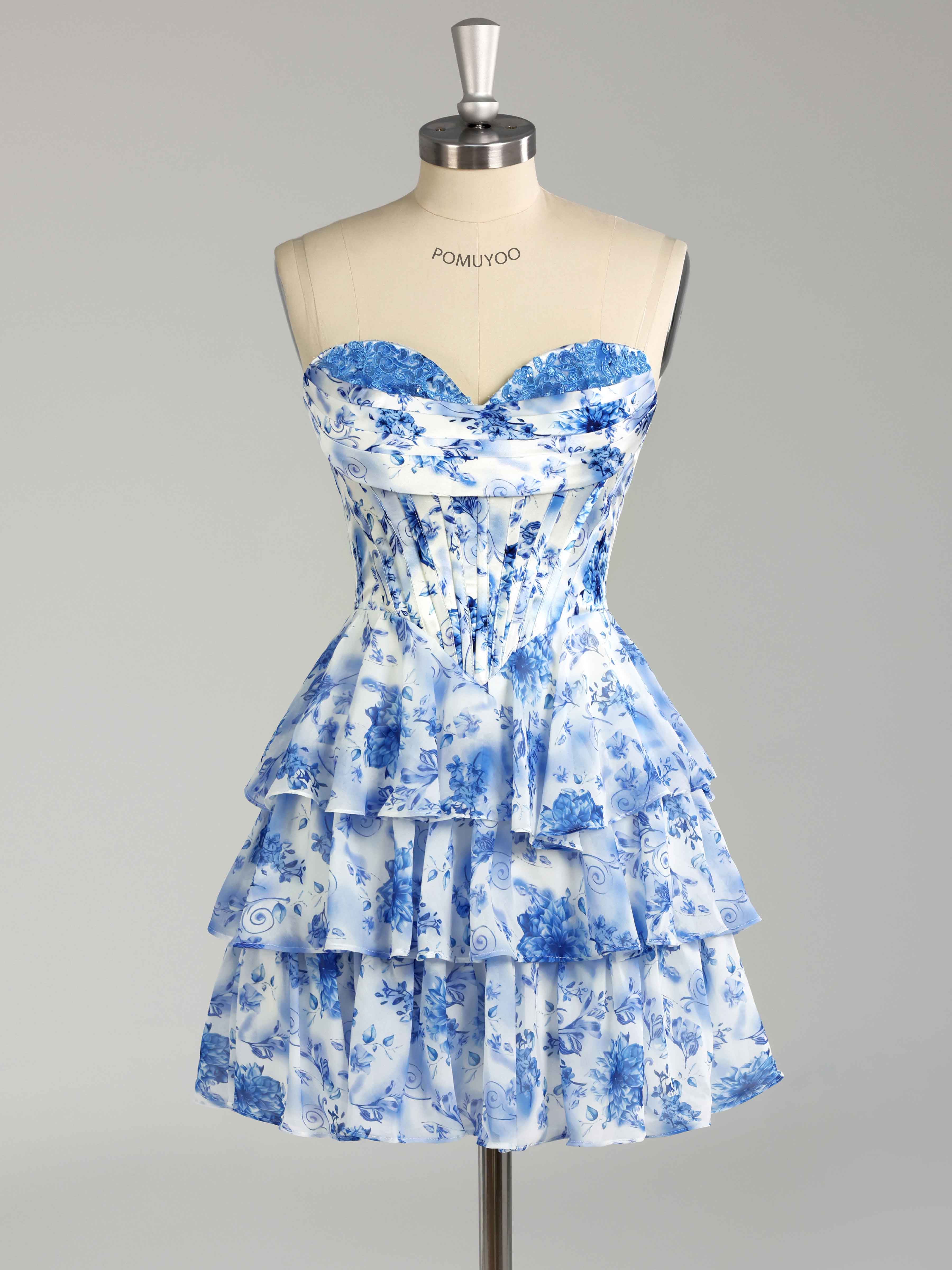 Dreamy Strapless Tiered Corset Floral Print Chiffon Mini Party Dresses
