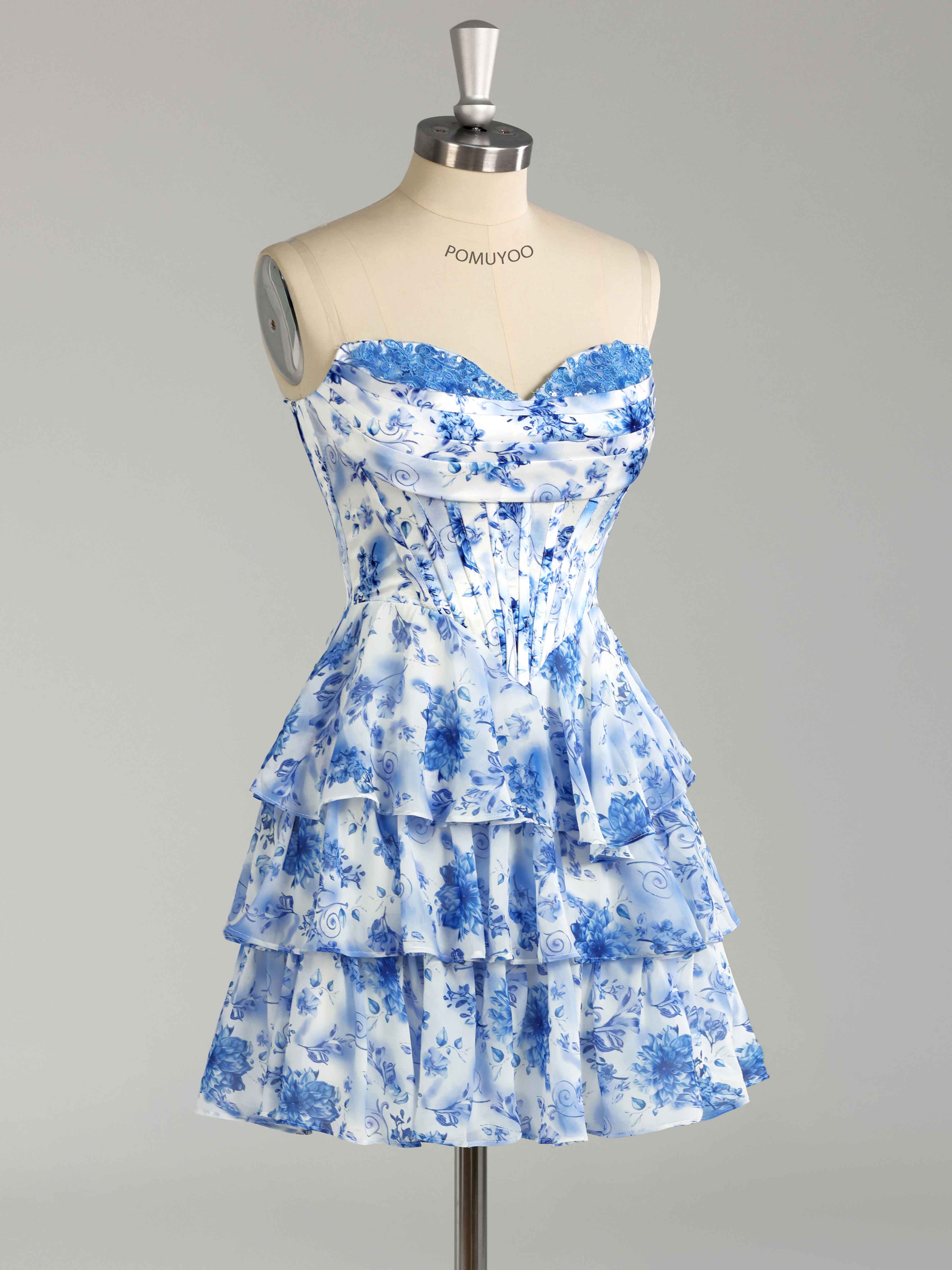 Dreamy Strapless Tiered Corset Floral Print Chiffon Mini Party Dresses