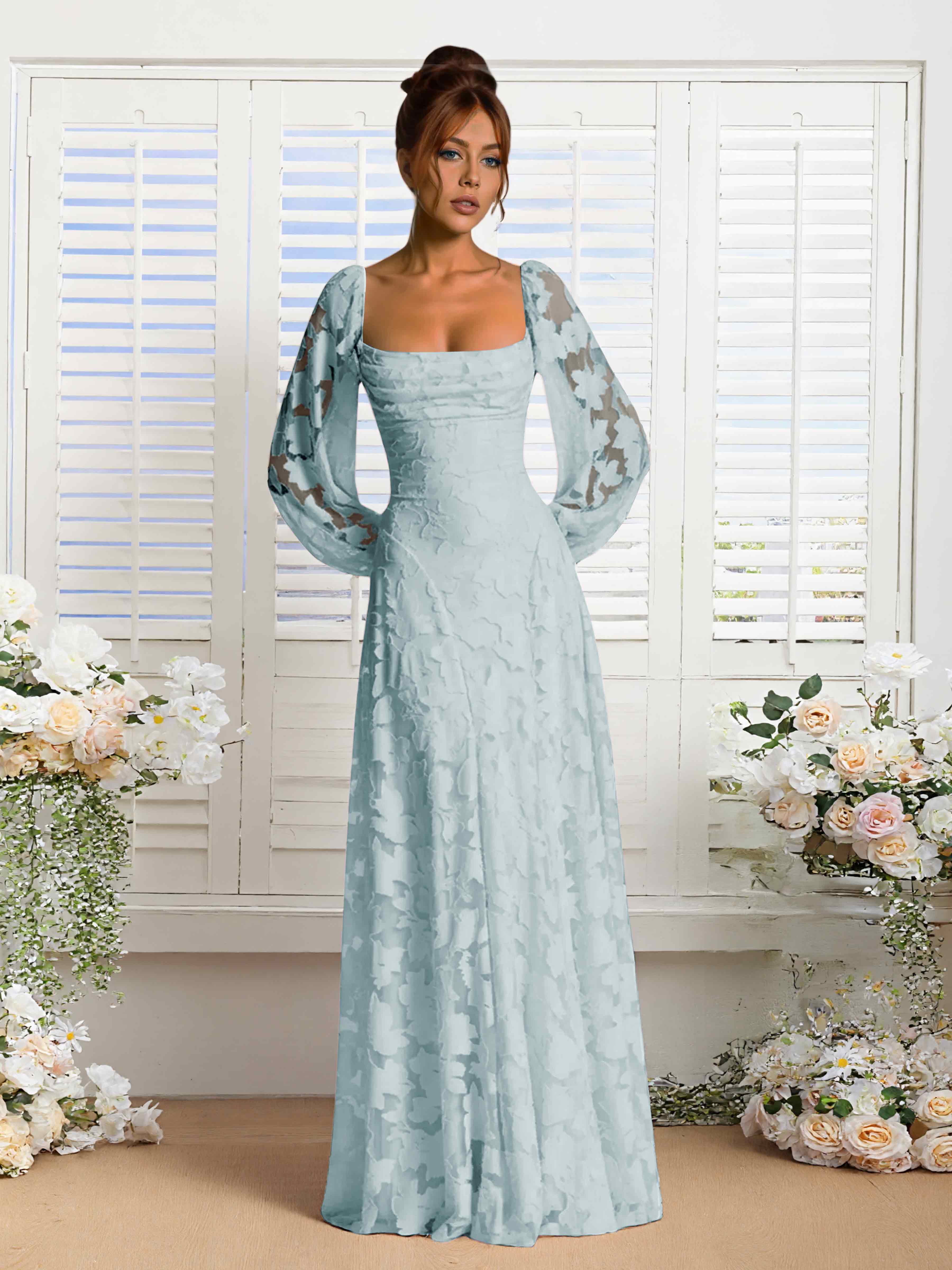 Xandra Delicate Long Sleeves Ruched Long Floral Lace Formal Dresses