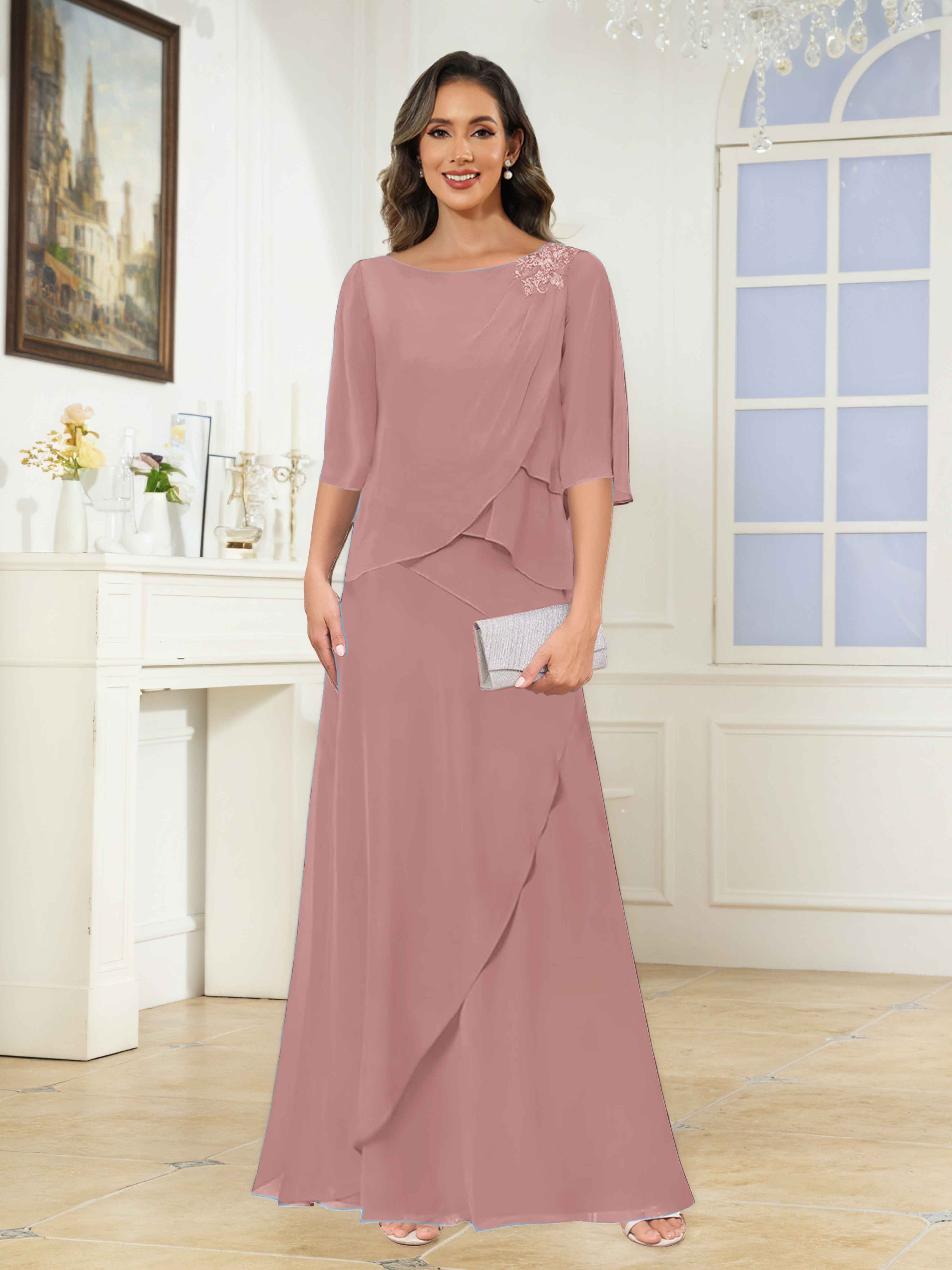 Larkin Trendy A-Line Scoop Tiered Long Chiffon Mother of the Bride Dresses