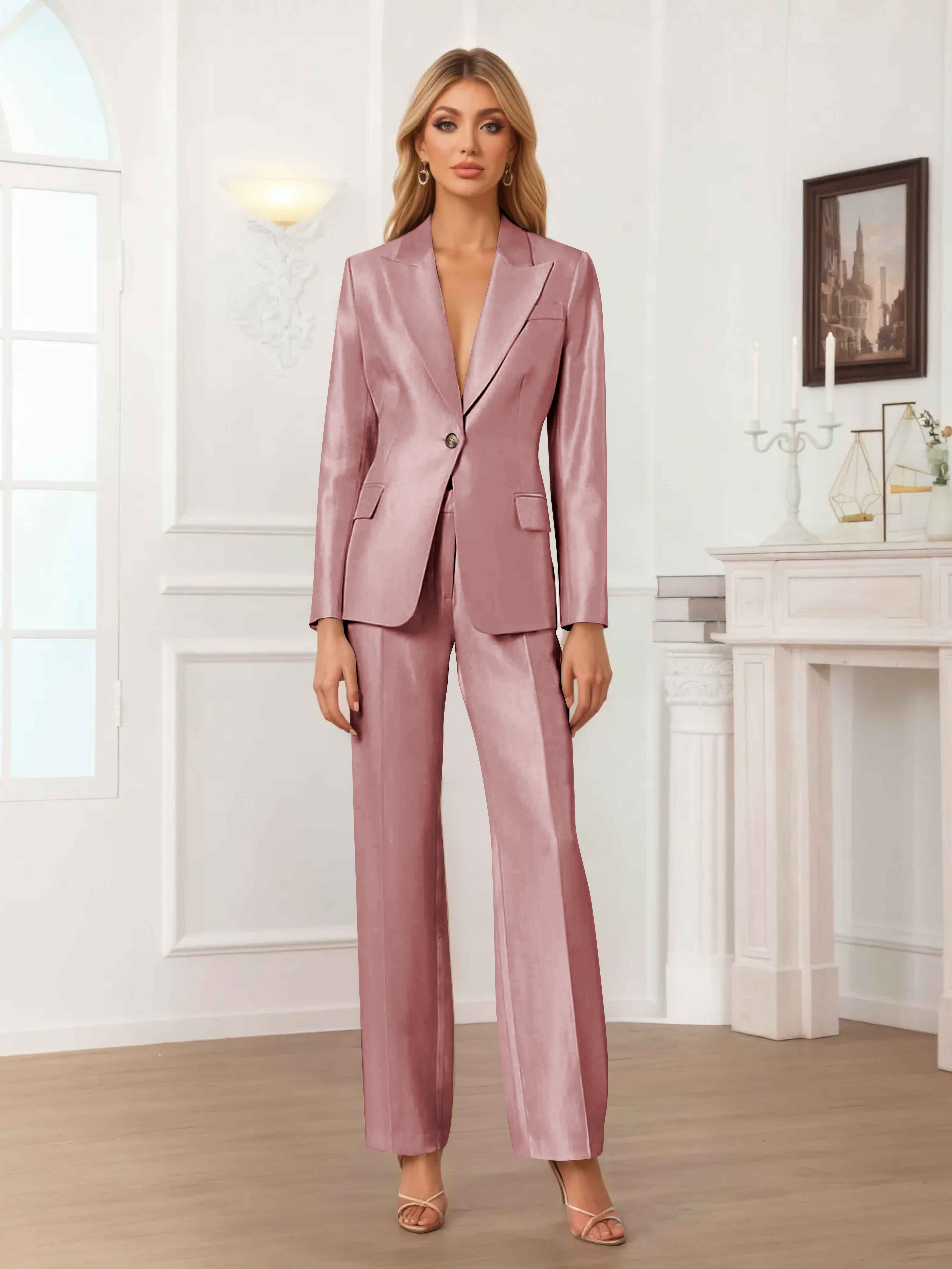Women's 2 Pieces Peak Lapel One-Button Satin Formal Suit Set UK
