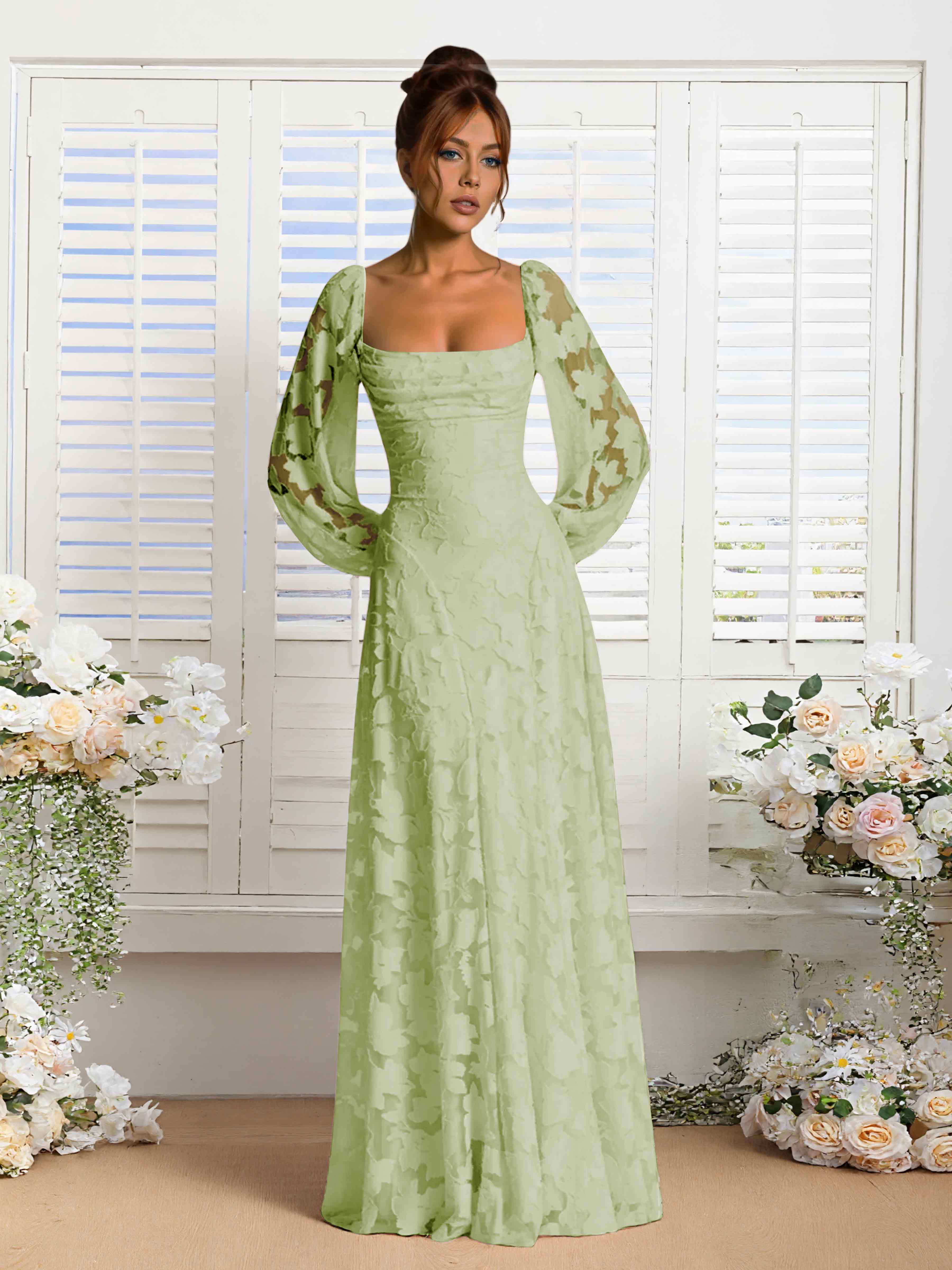 Xandra Delicate Long Sleeves Ruched Long Floral Lace Formal Dresses