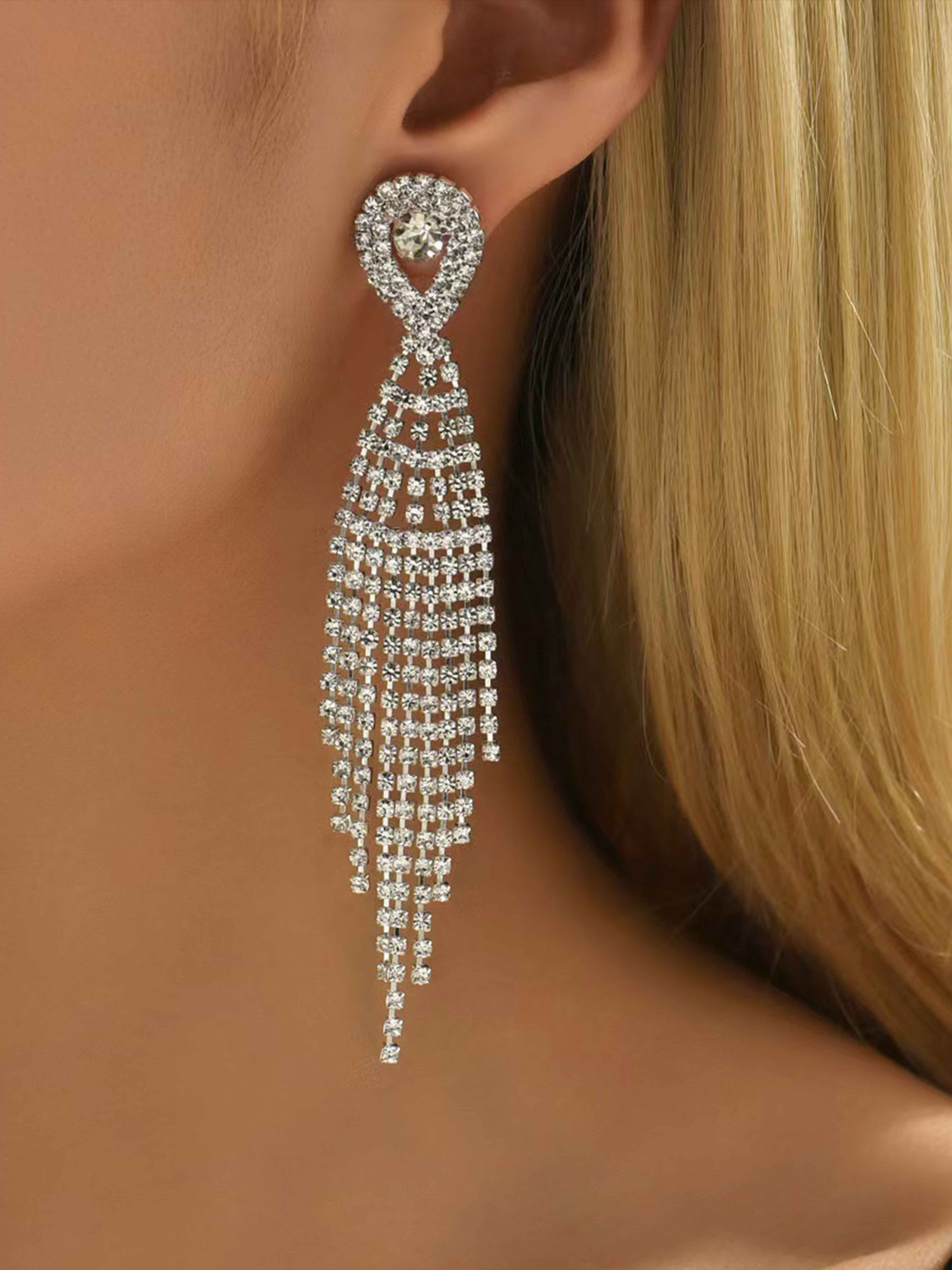 Shiny Rhinestone Long Tassel Earrings