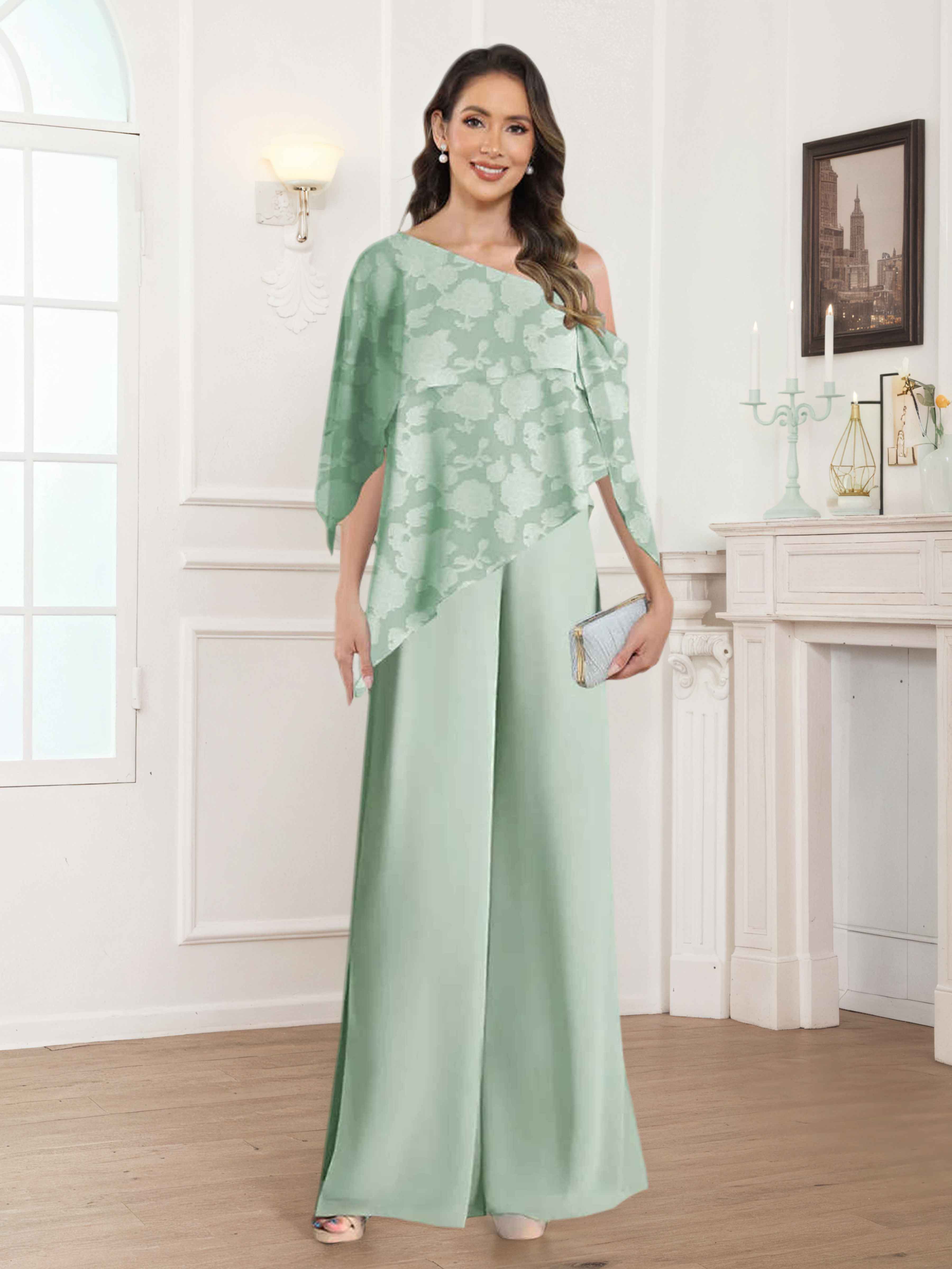 Eldora Elegant One Shoulder Floral Lace Mother Of The Bride Pantsuit