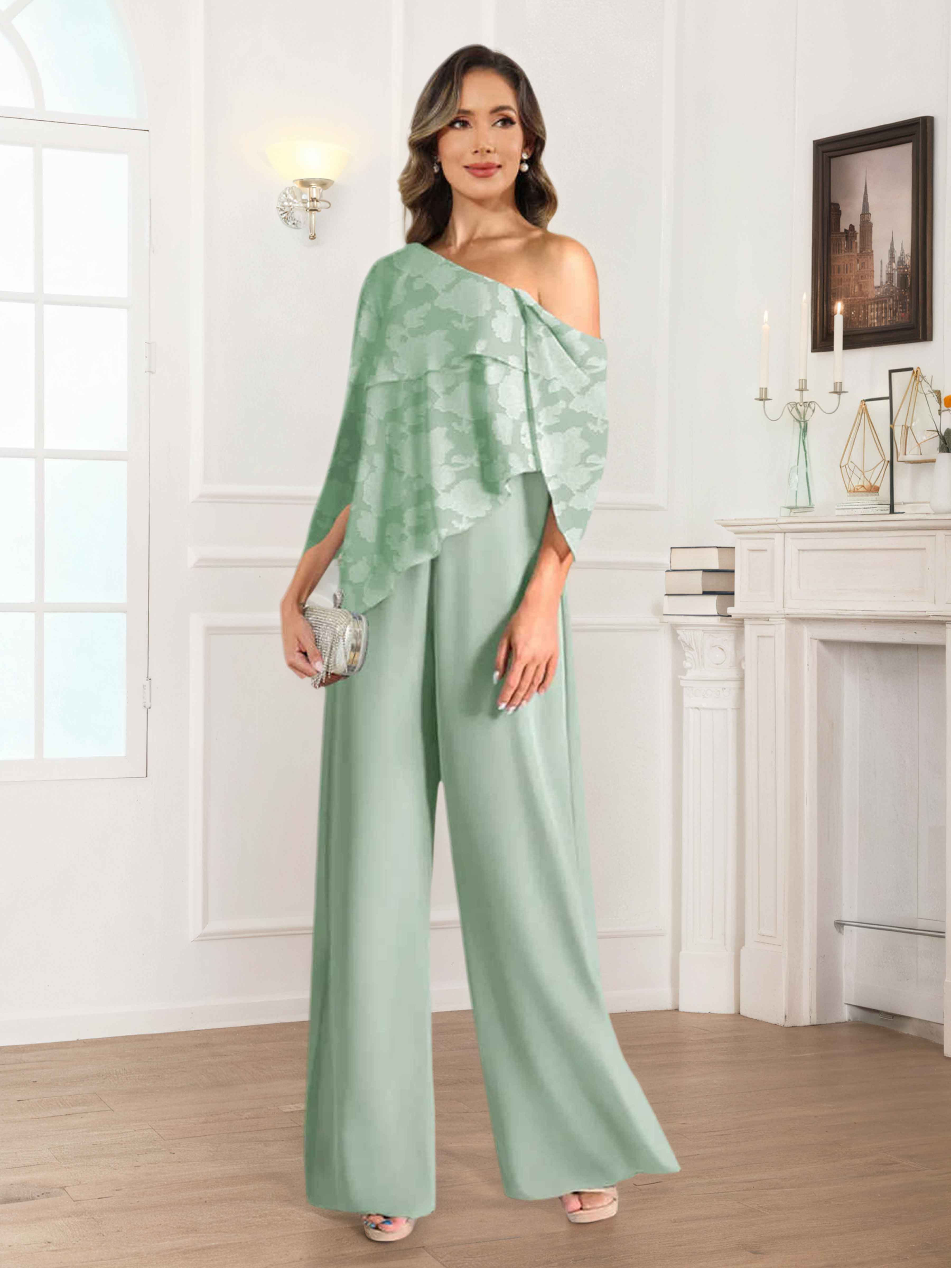 Eldora Elegant One Shoulder Floral Lace Mother Of The Bride Pantsuit