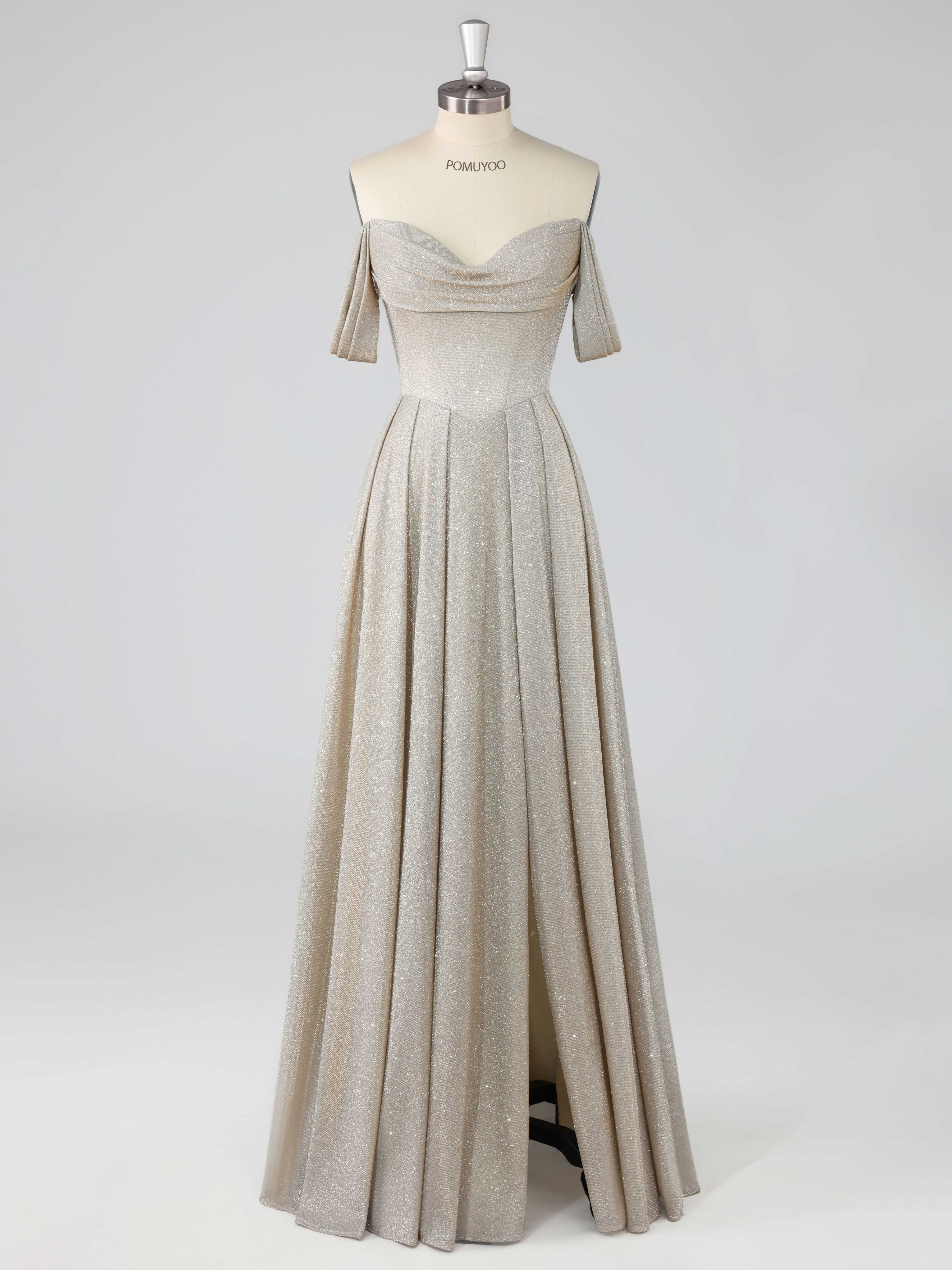 Elegant A-Line Off the Shoulder Floor Length Glitter Prom Dresses UK