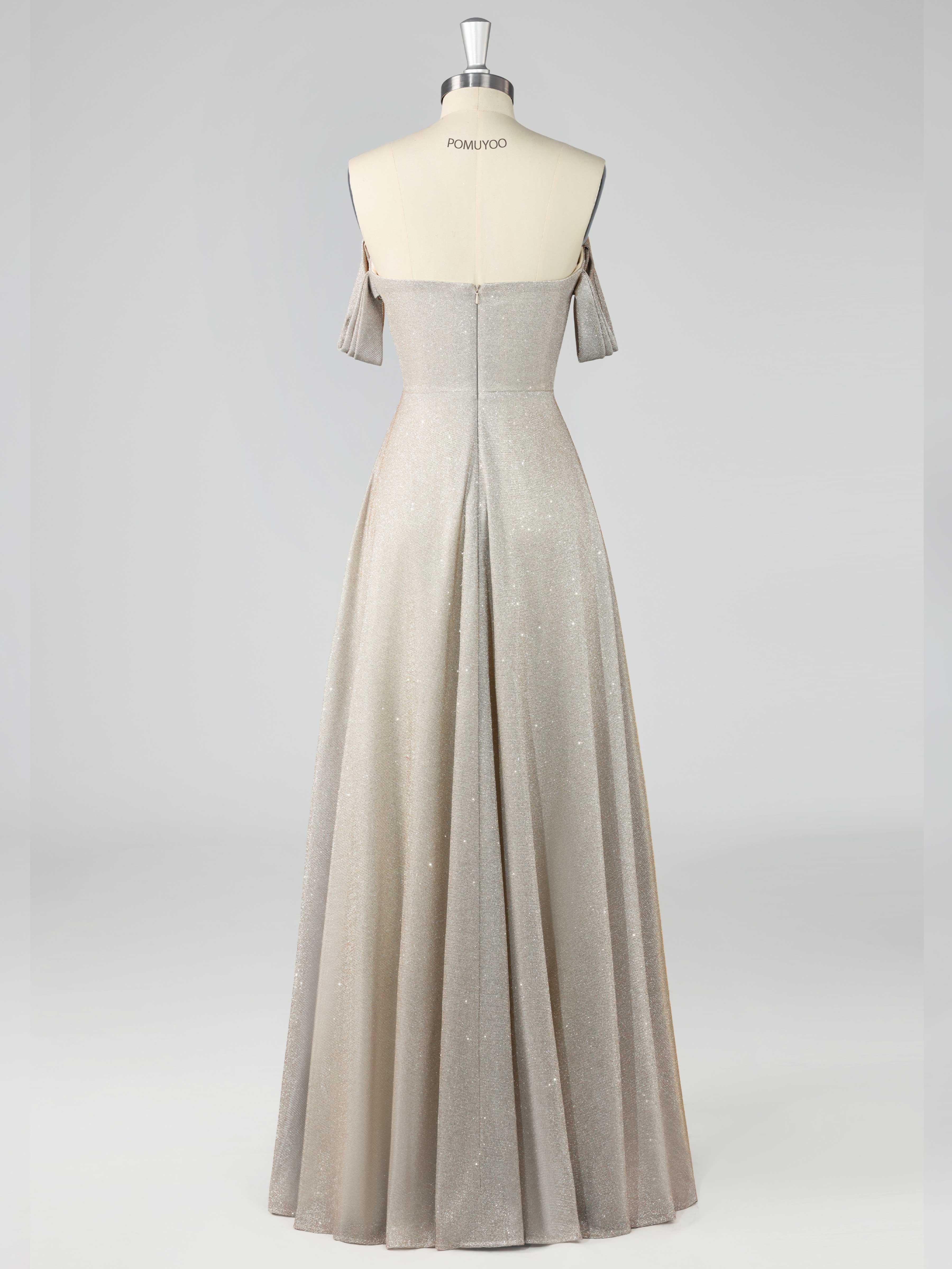 Elegant A-Line Off the Shoulder Floor Length Glitter Prom Dresses UK
