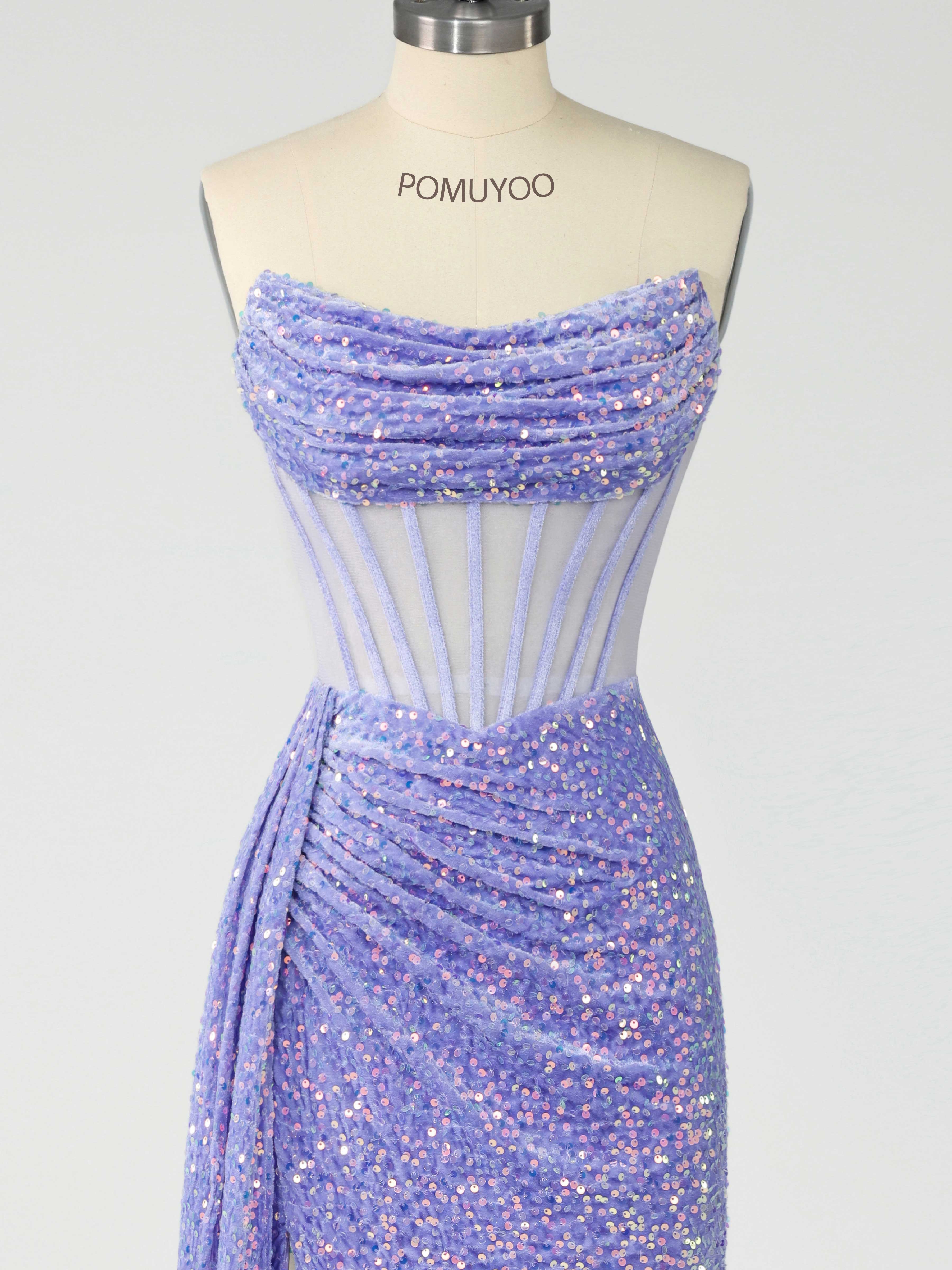 Elegant Strapless Corset Velvet Sequins Train Prom Dresses UK