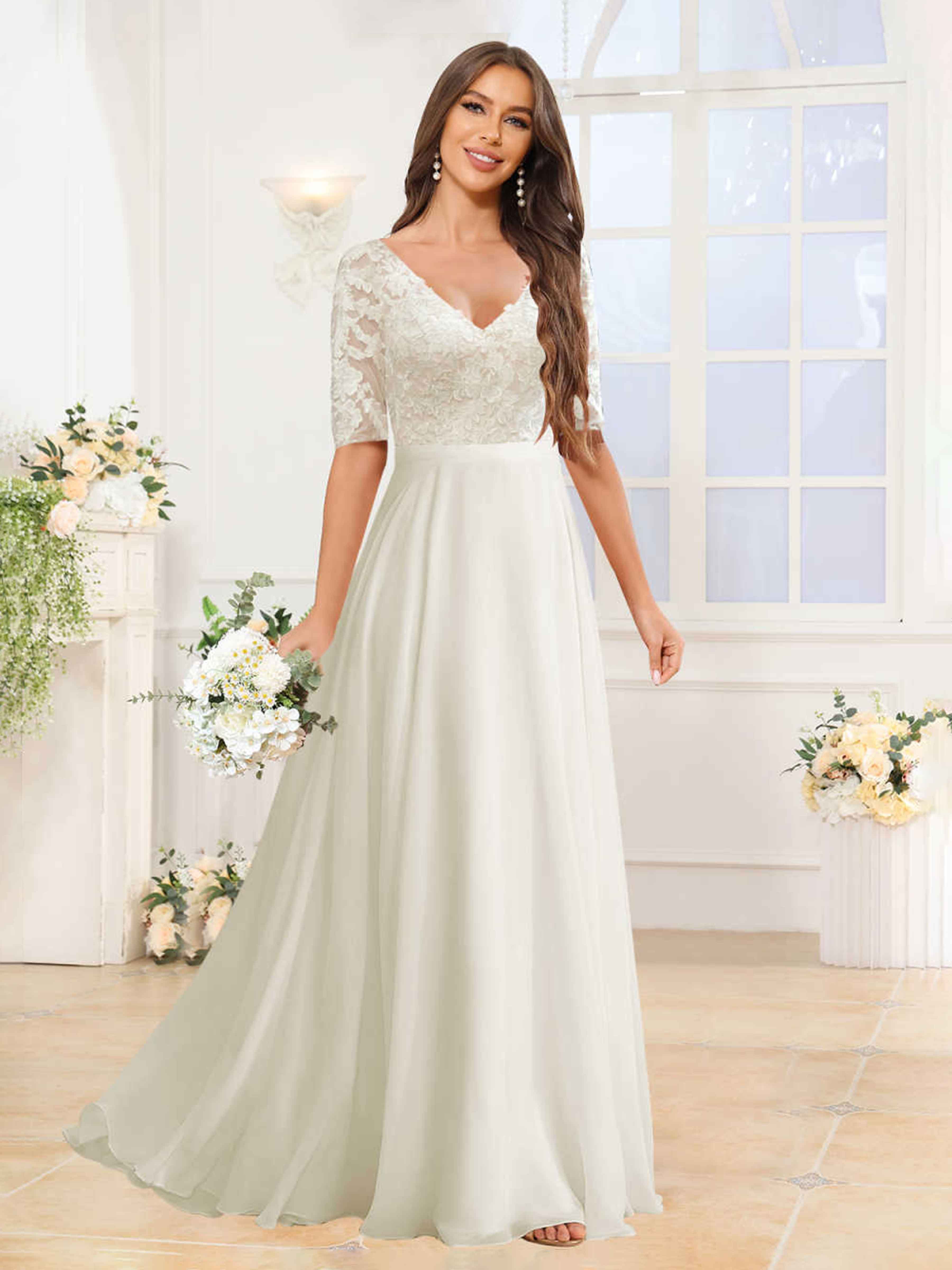 Charming V-Neck Half Sleeves Long Lace Chiffon Wedding Dress