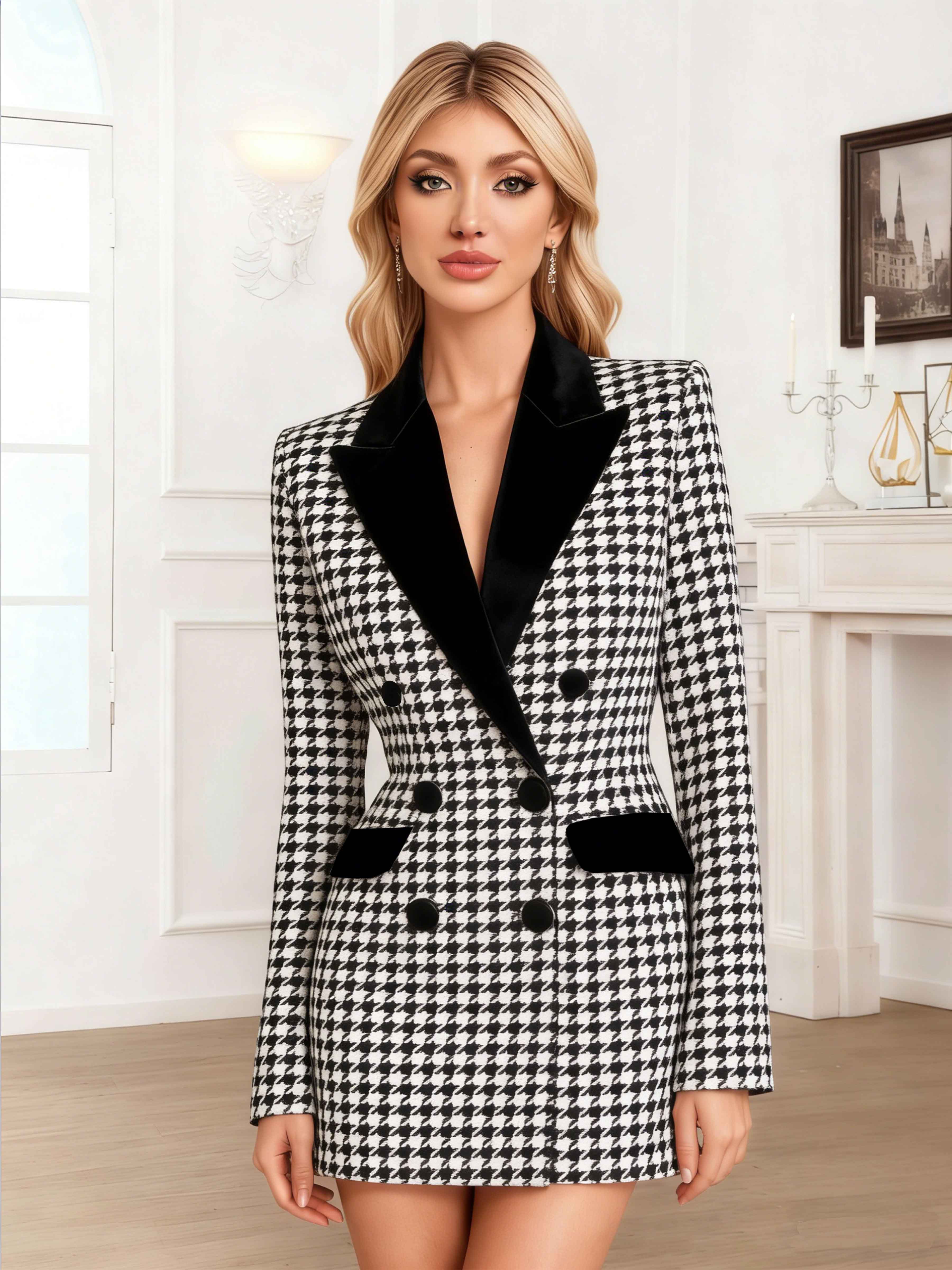 Elegant Women's Houndstooth Notch Lapel Double Breasted Formal Blazer UK
