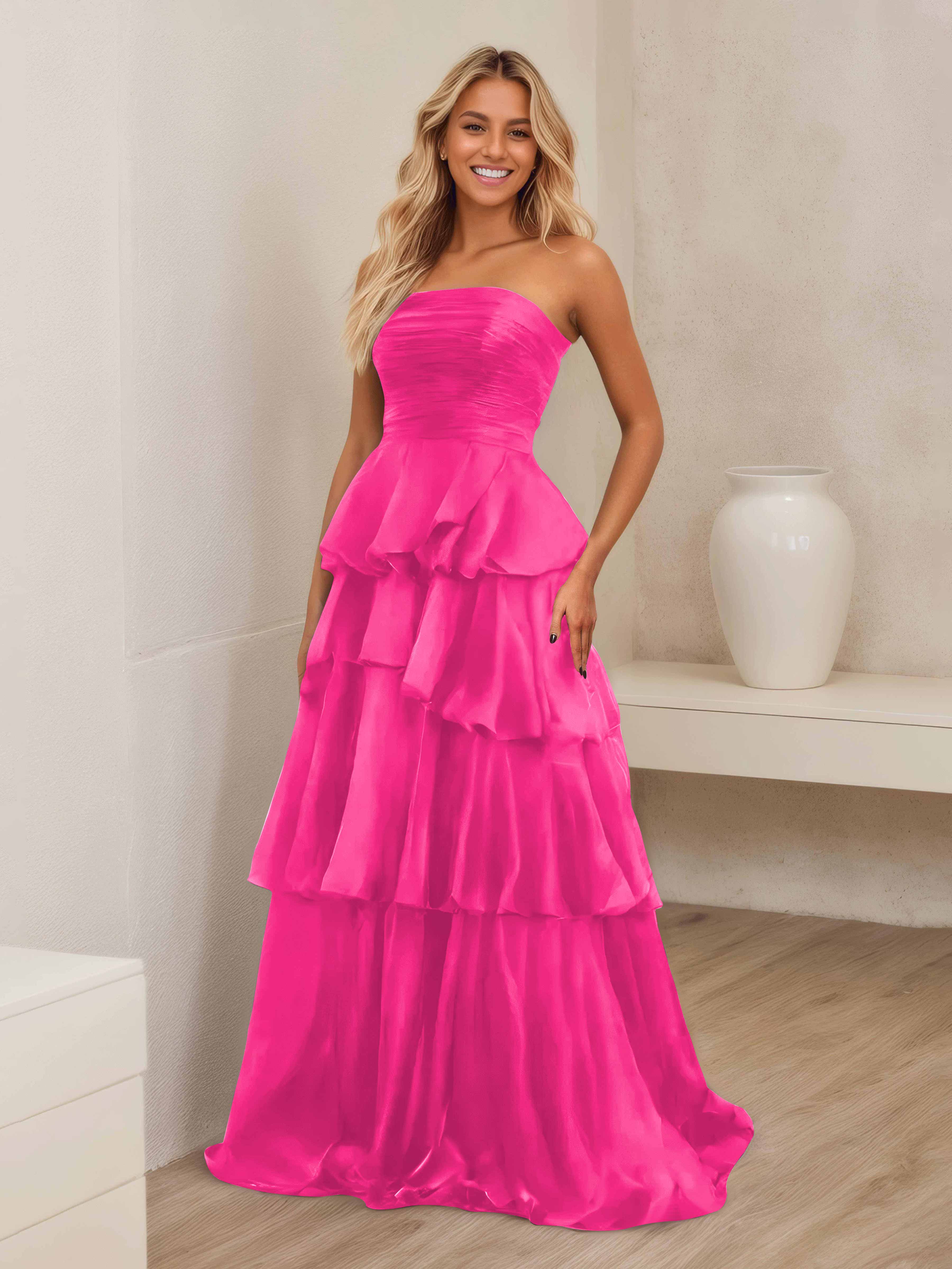Ellianna Trendy Strapless Tiered Long Satin Formal Dresses