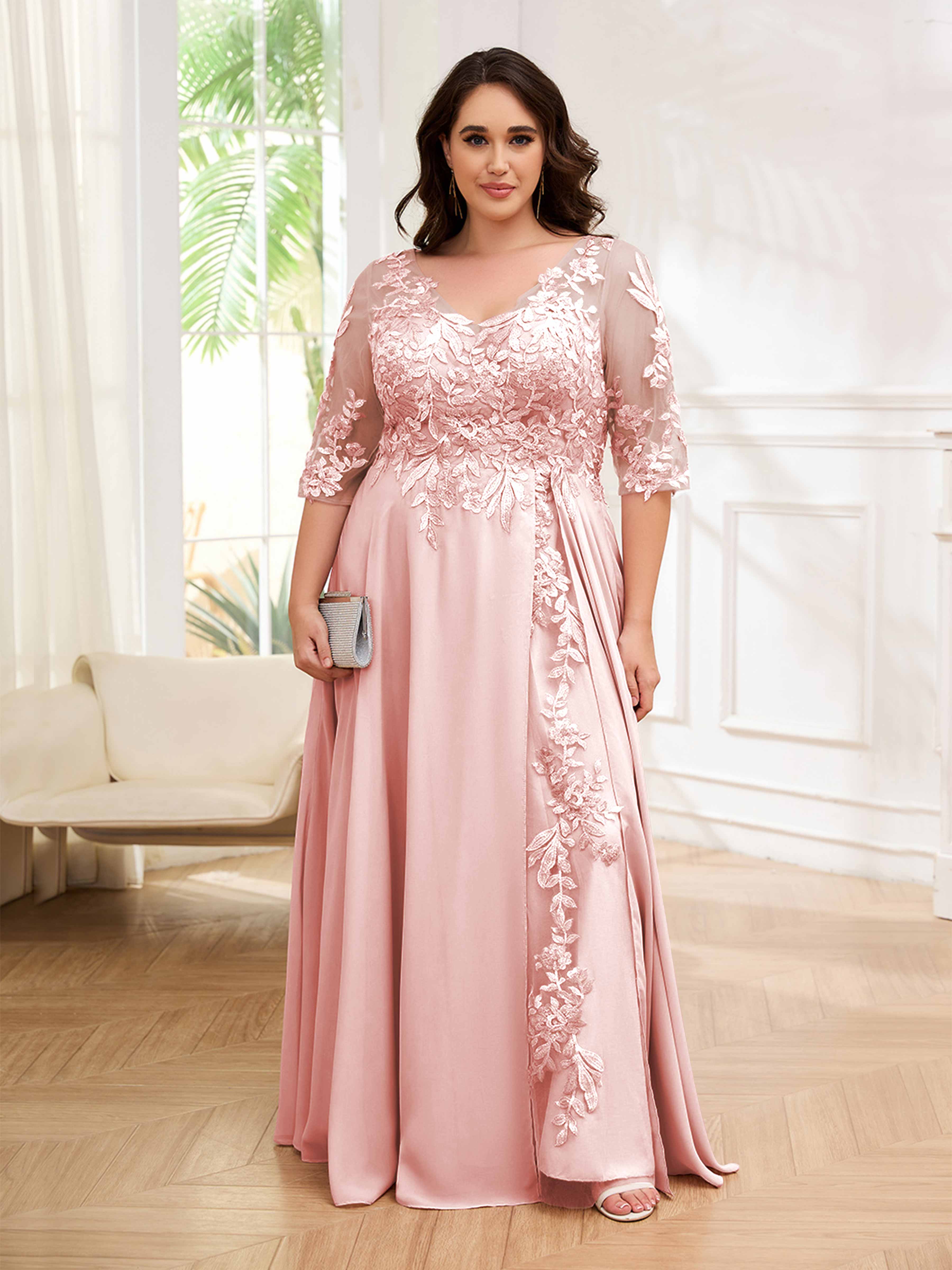 Elora Delicate V Neck Appliques Long Plus Size Mother of the Bride Dre