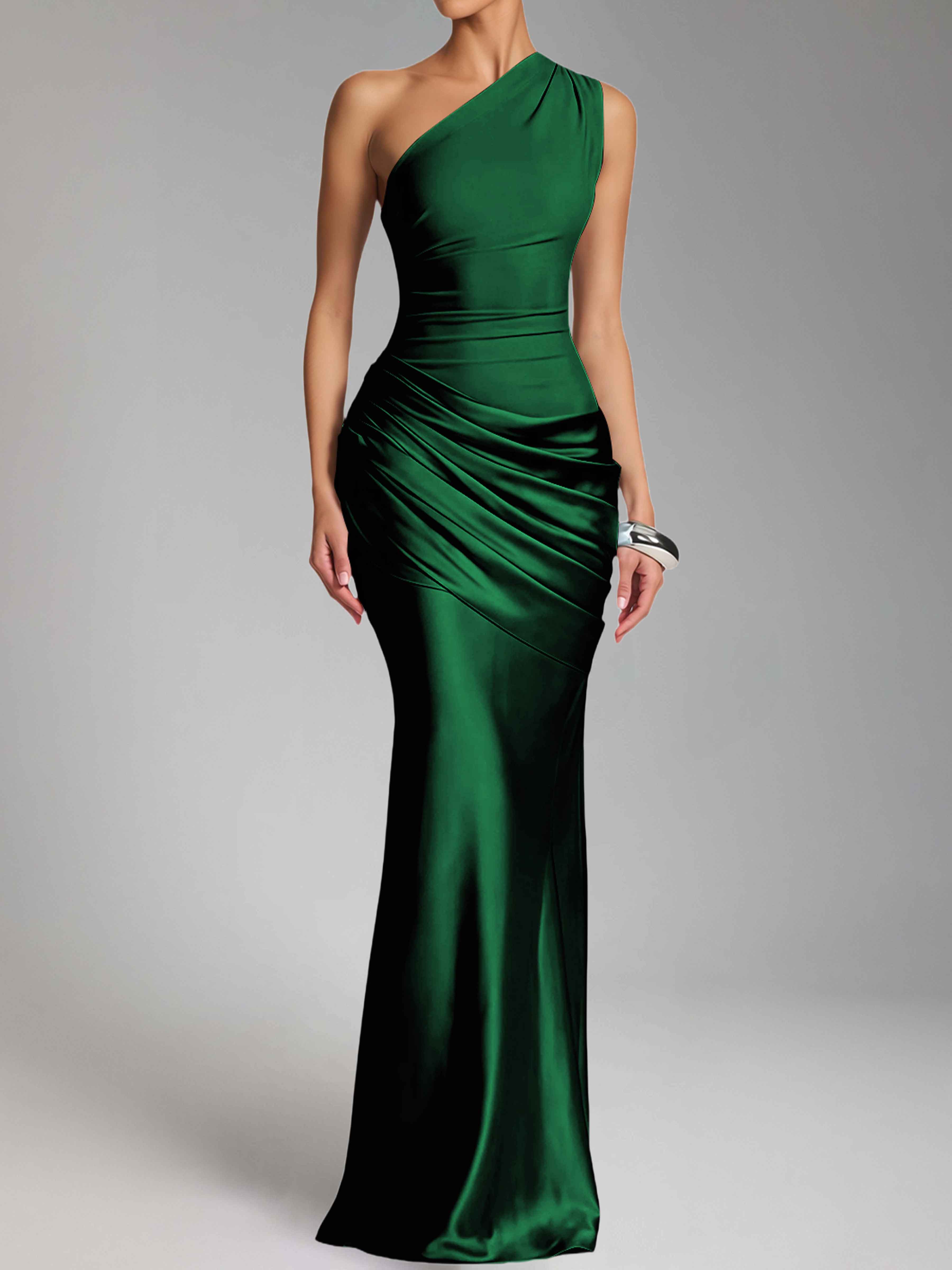 Jaelithra Elegant One Shoulder Pleated Satin Long Prom Dresses