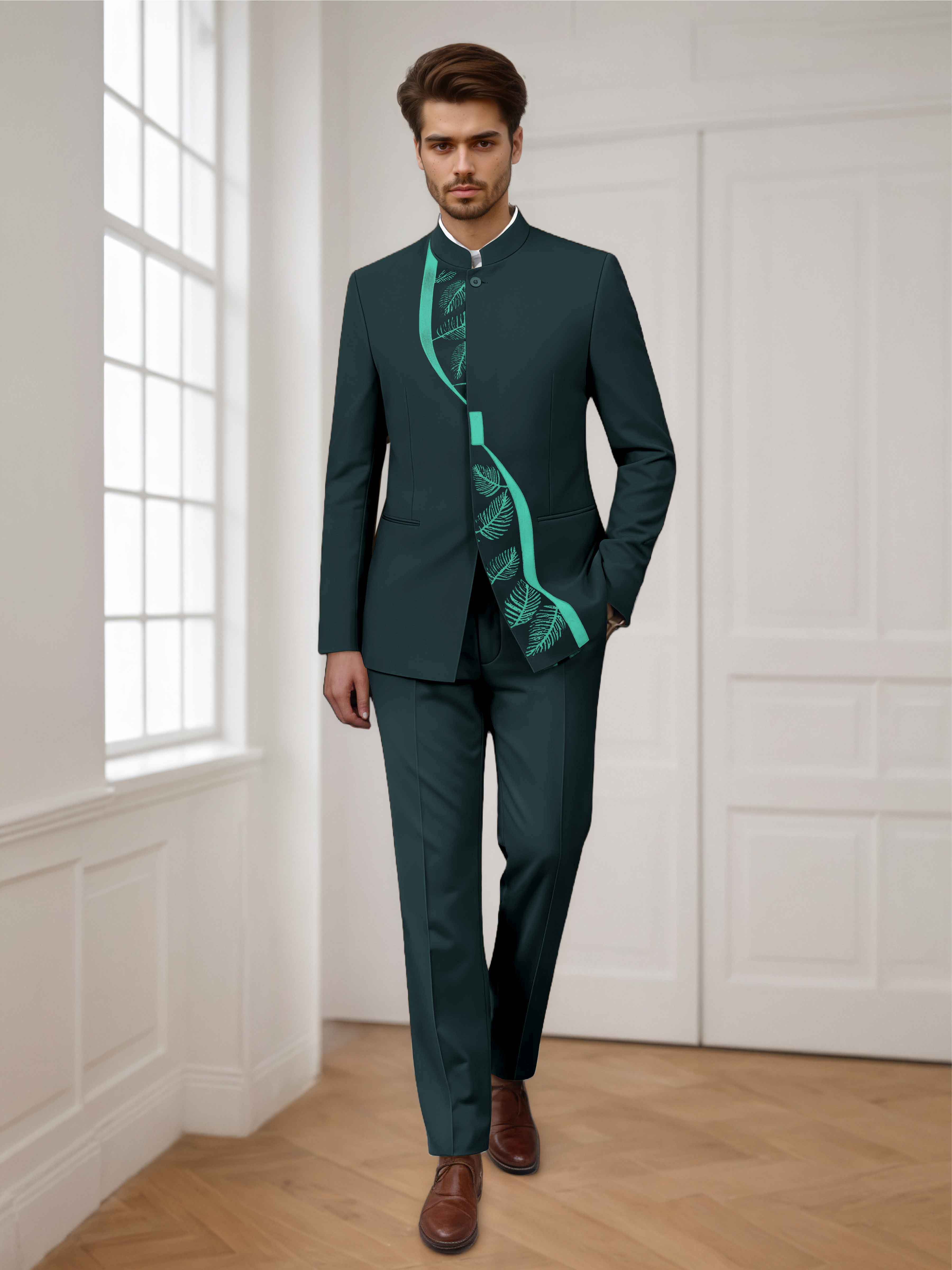 Trendy 2 Pieces Men's Embroidered  Stand Lapel Formal Suit UK