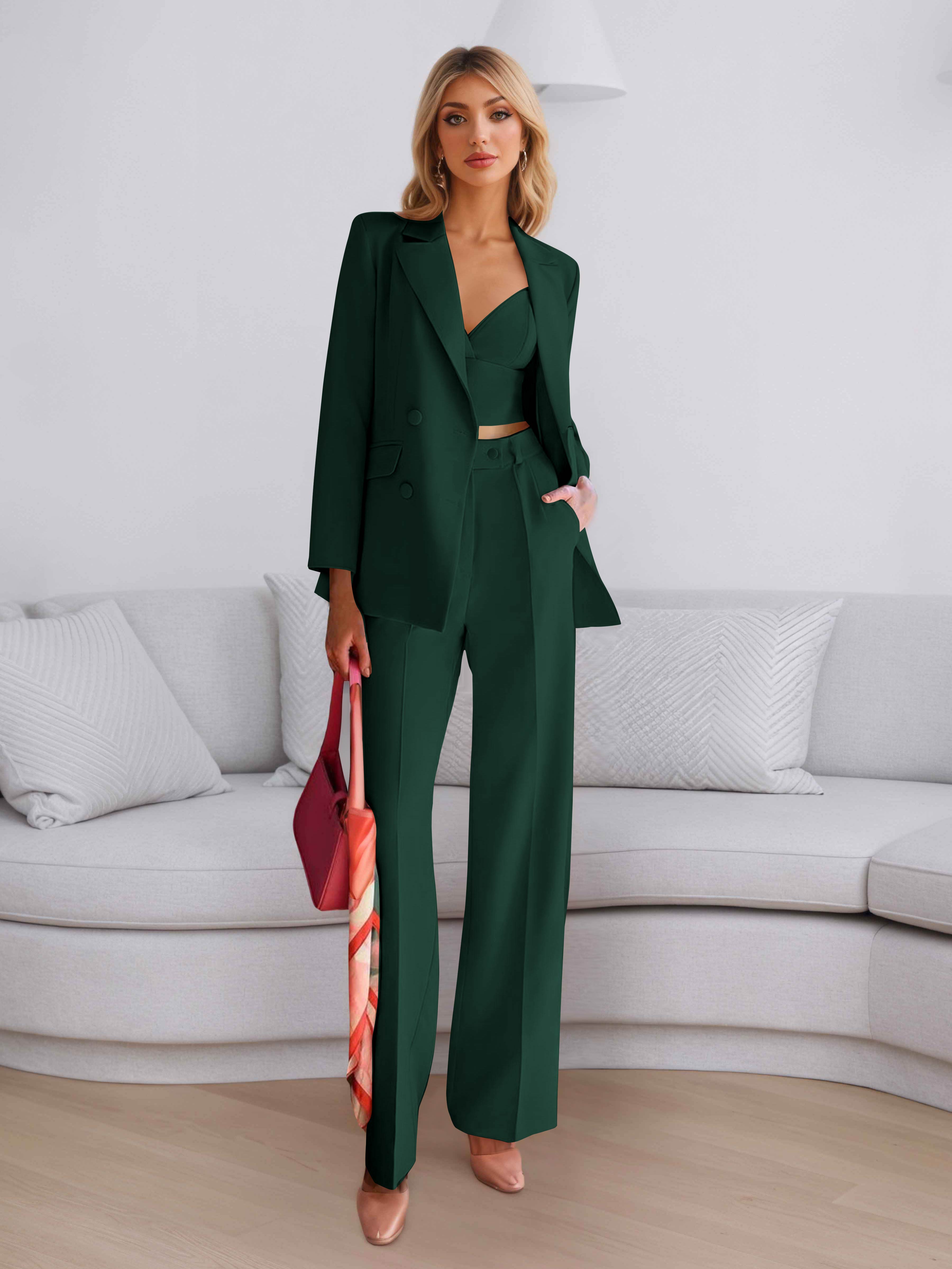 Elegant Women's 3 Pieces Solid Formal Blazer and Pants Suit Set UK
