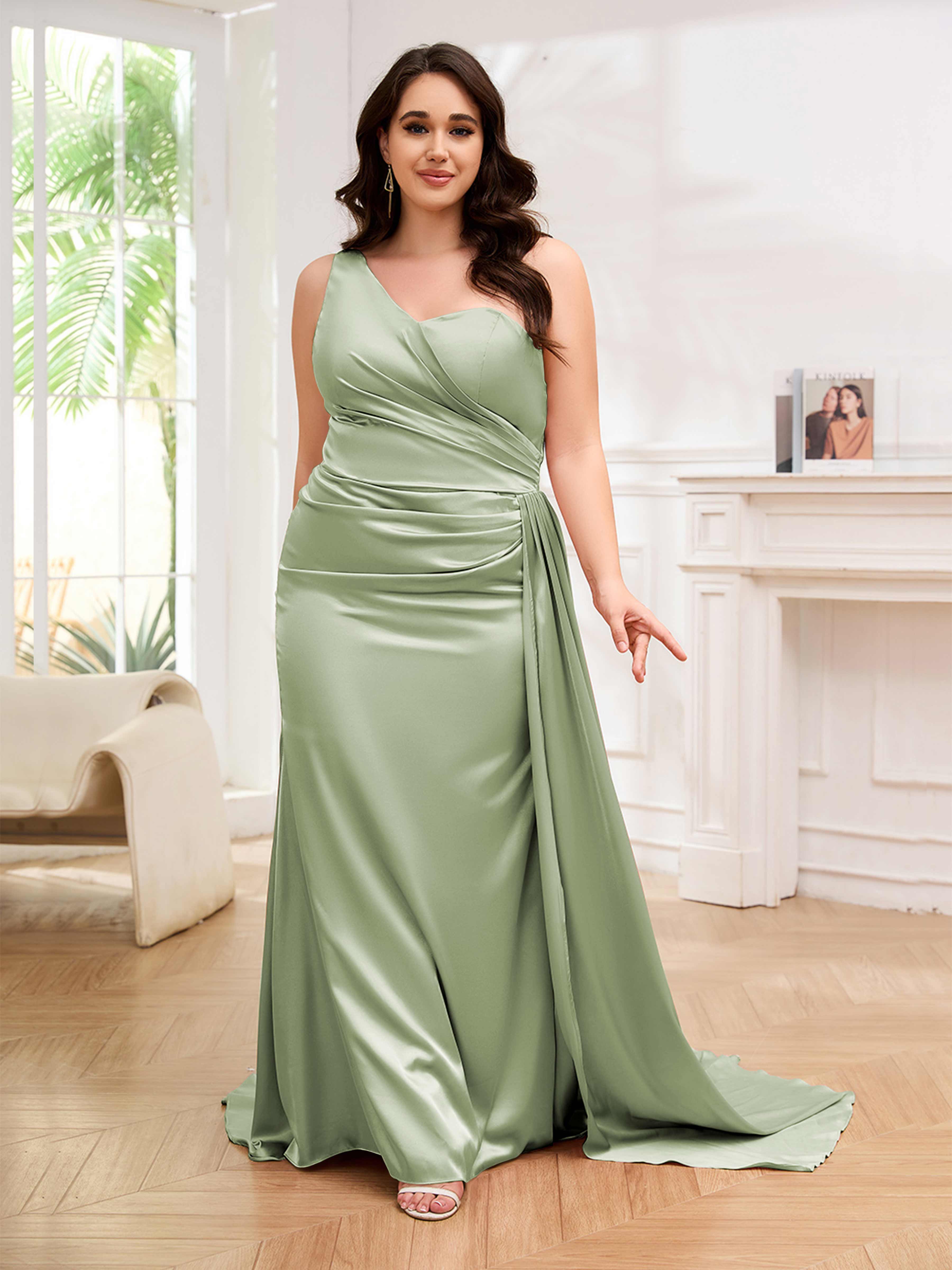 Emmy Dreamy One Shoulder Ruched Sweep Train Plus Size Formal Dresses