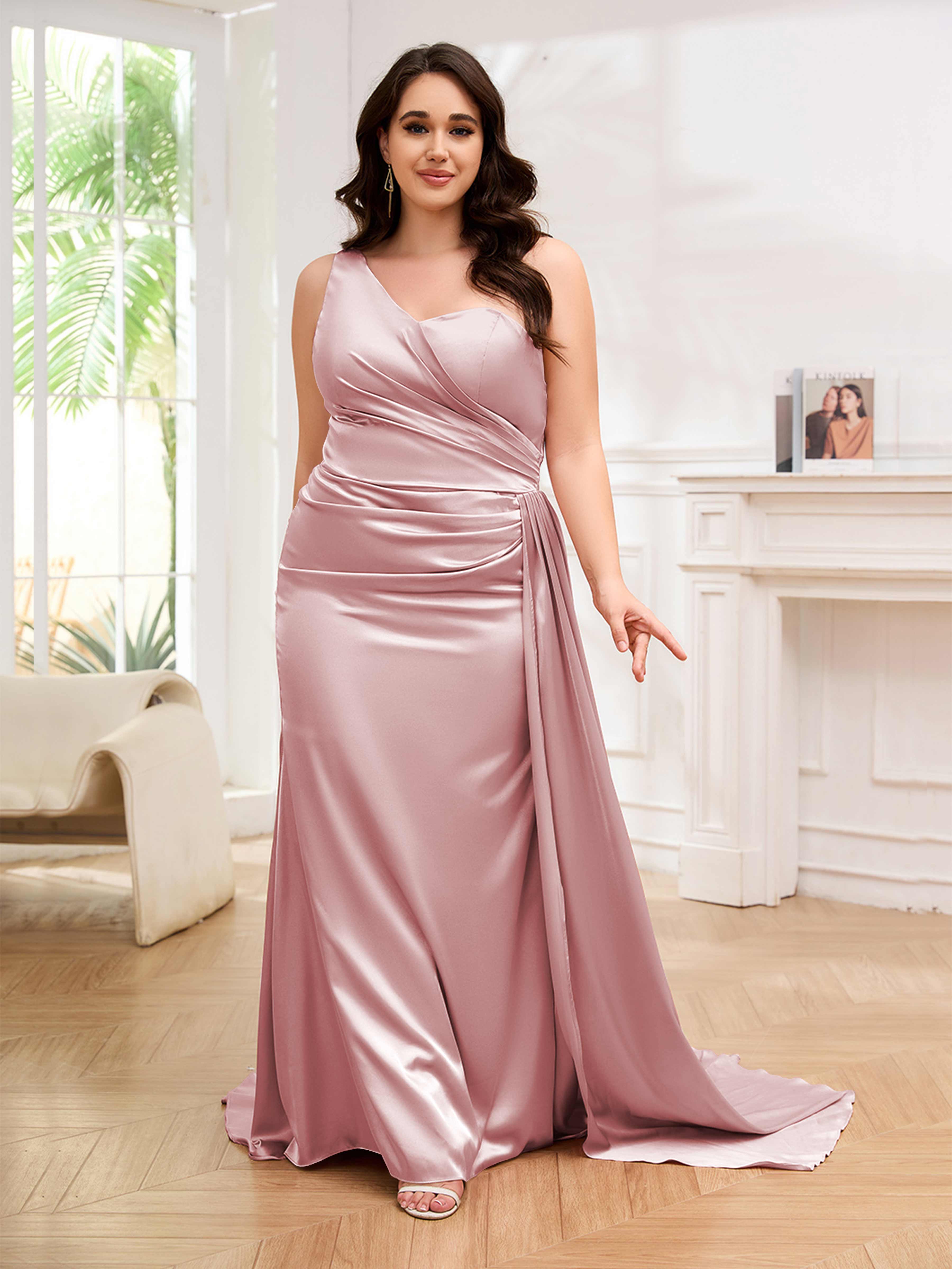 Emmy Dreamy One Shoulder Ruched Sweep Train Plus Size Formal Dresses