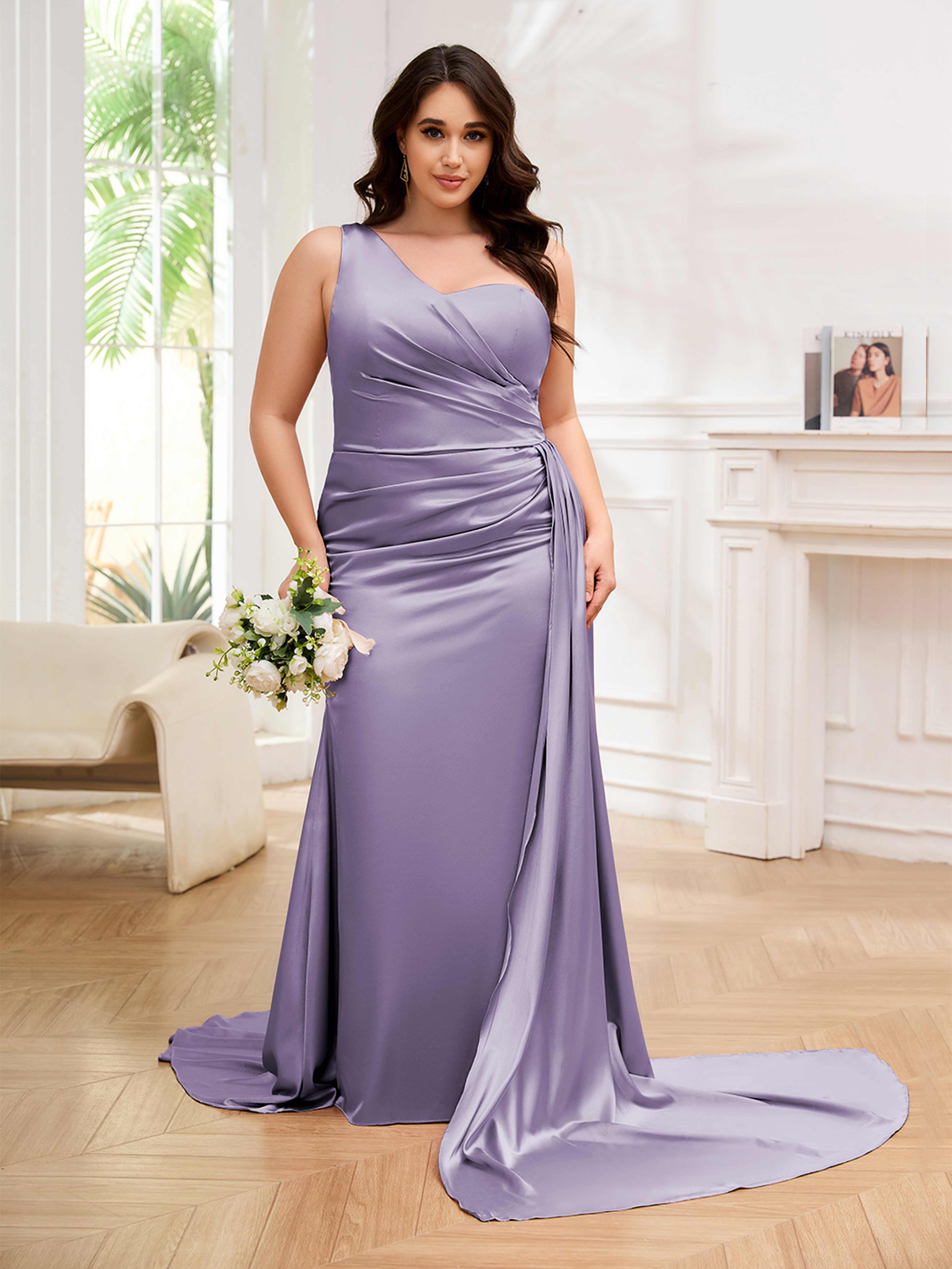 Emmy Dreamy One Shoulder Ruched Sweep Train Plus Size Formal Dresses