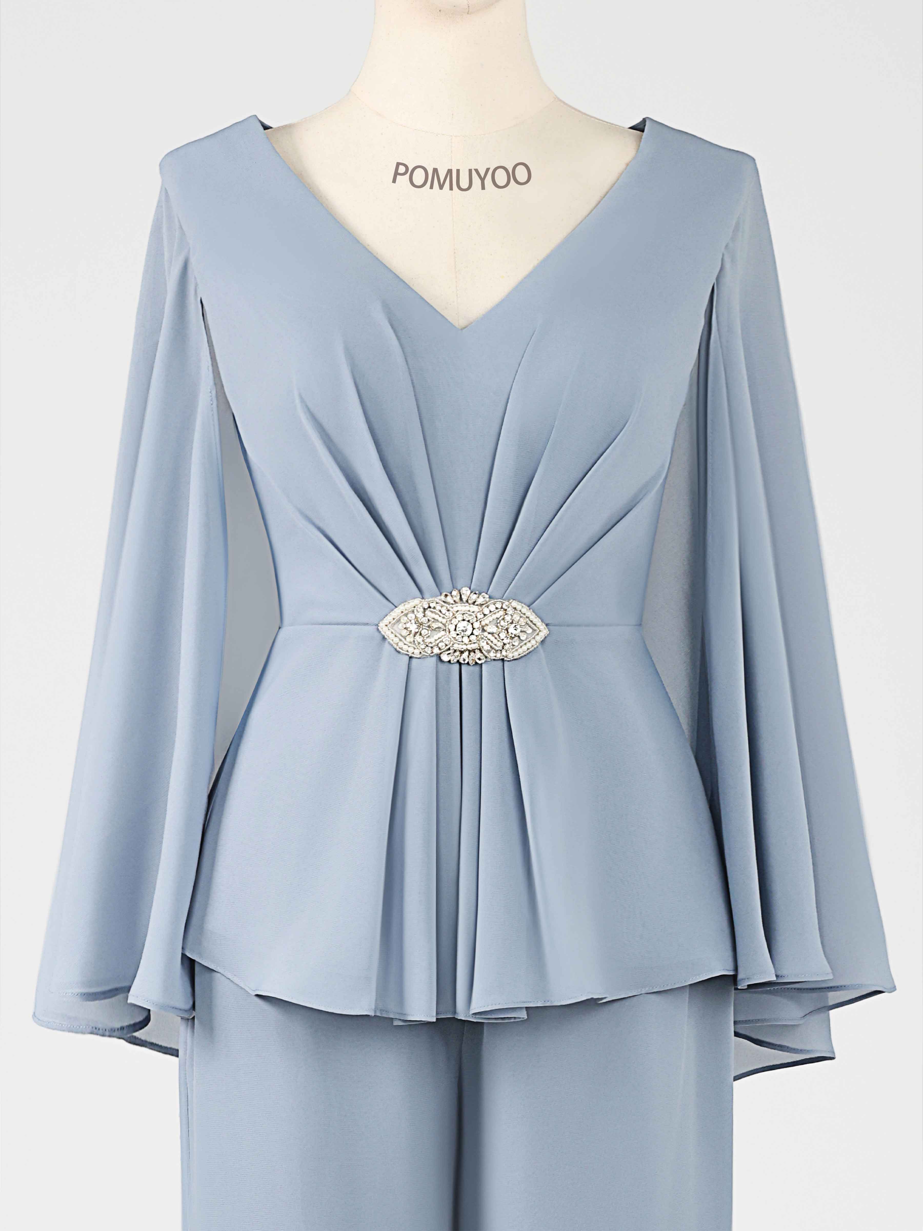 Enchanting Two Pieces V Neck Beaded Chiffon Mother of the Bride Jumpsuit/Pantsuit UK