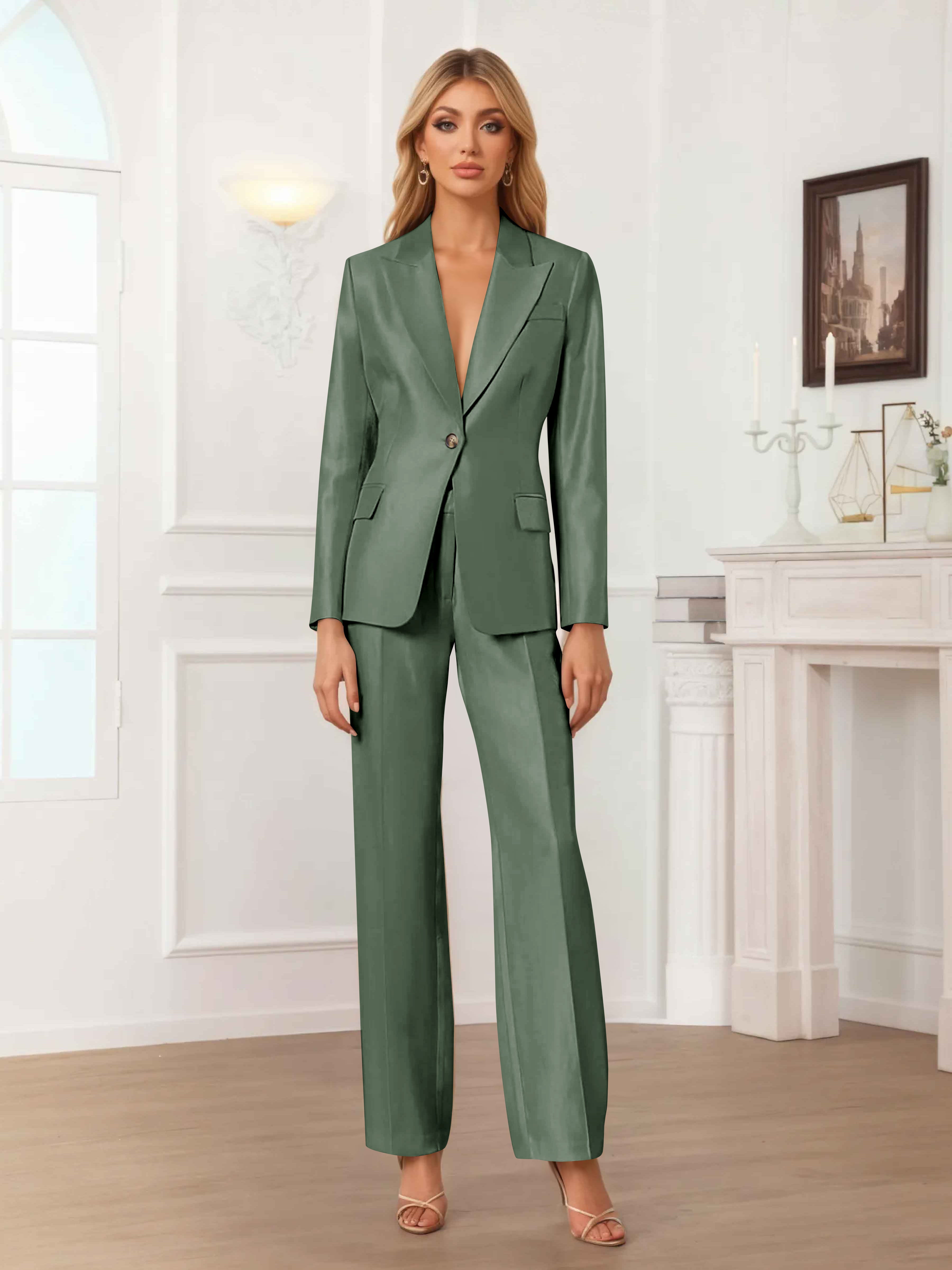 Women's 2 Pieces Peak Lapel One-Button Satin Formal Suit Set UK