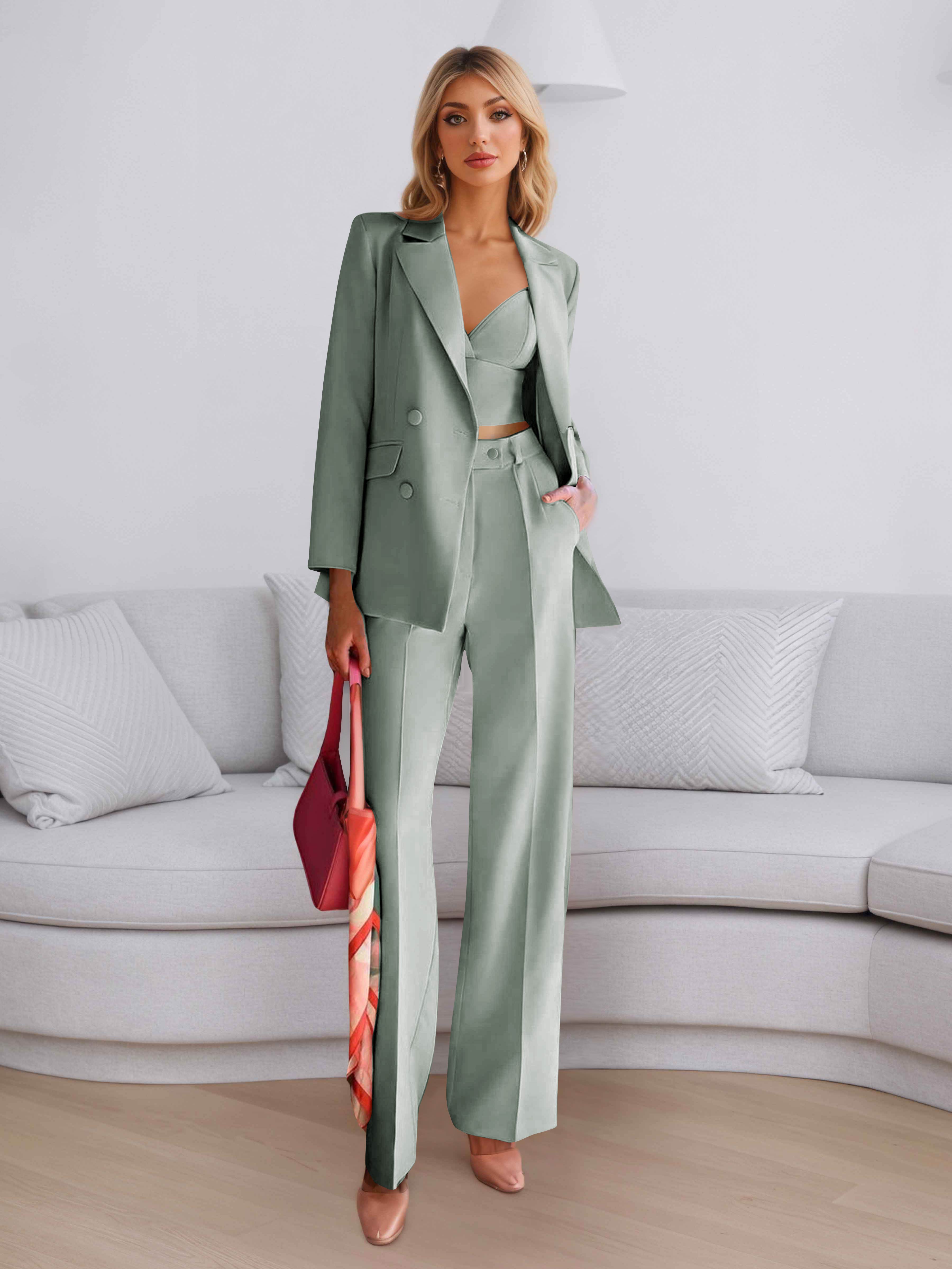 Elegant Women's 3 Pieces Solid Formal Blazer and Pants Suit Set UK