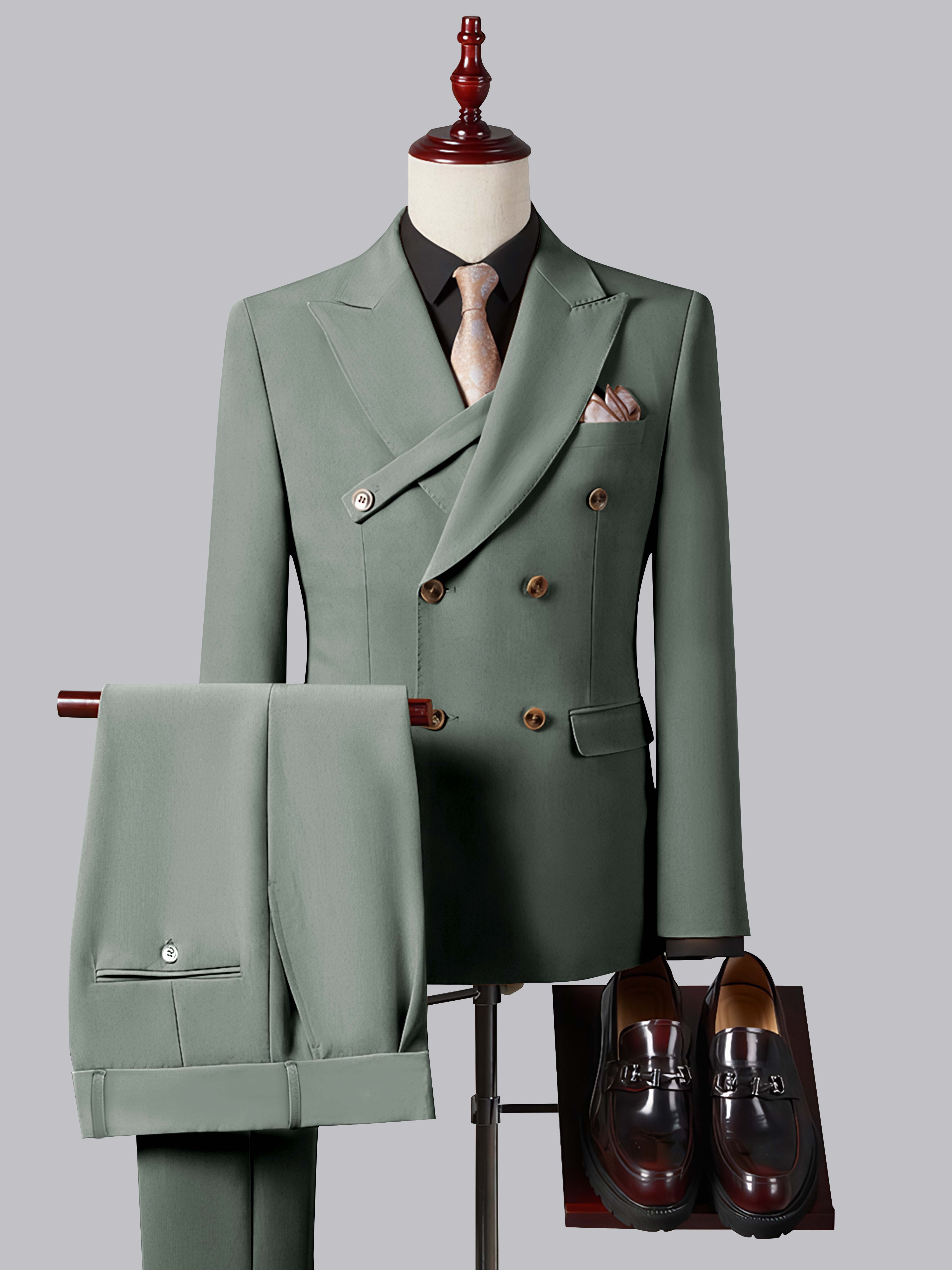 Refined Slim Fit Double Breasted Men's 2 Pieces Peak Lapel Suit with Strap