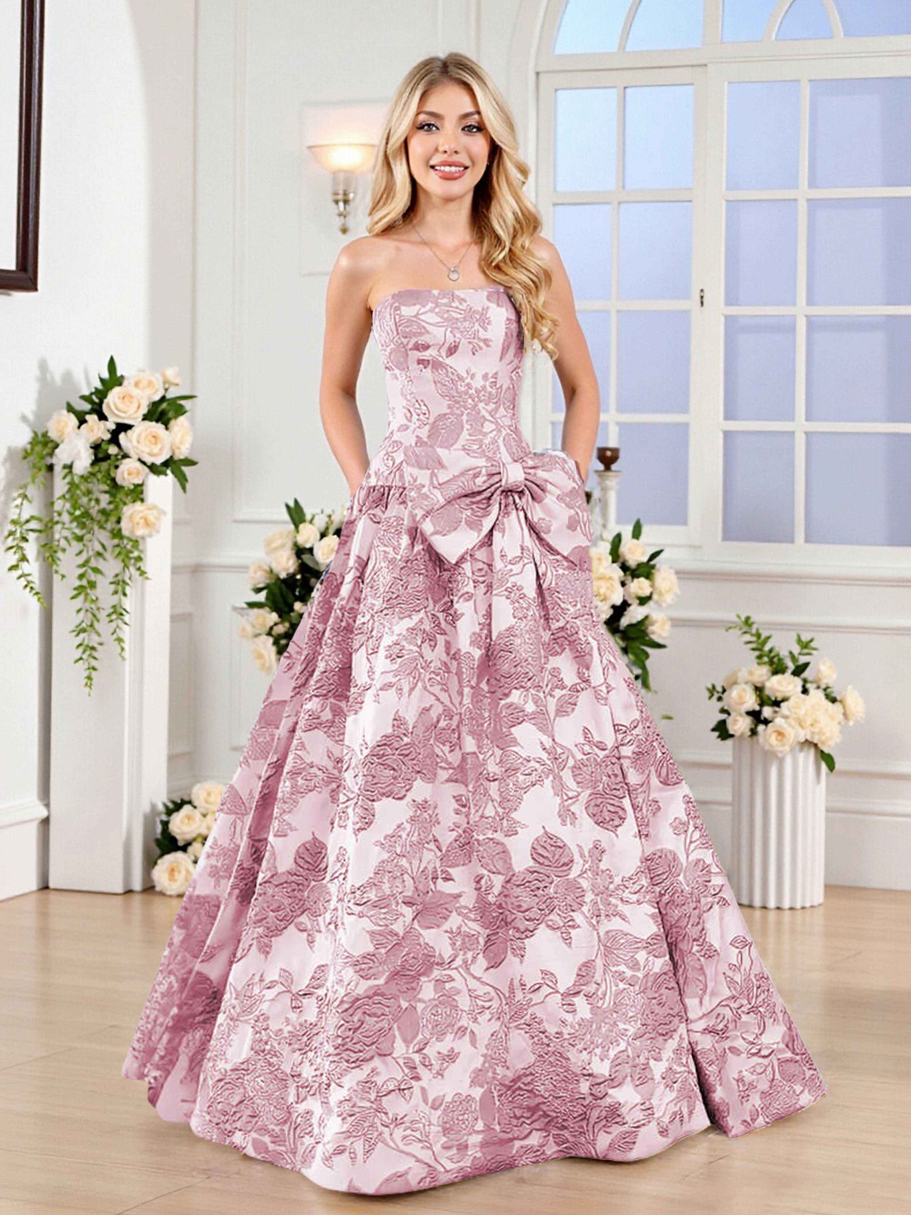 Fairytale A-Line Strapless Jacquard Satin Long Prom Dresses With Knot Fairytale A-Line Strapless Jacquard Satin Long Prom Dresses With Knot