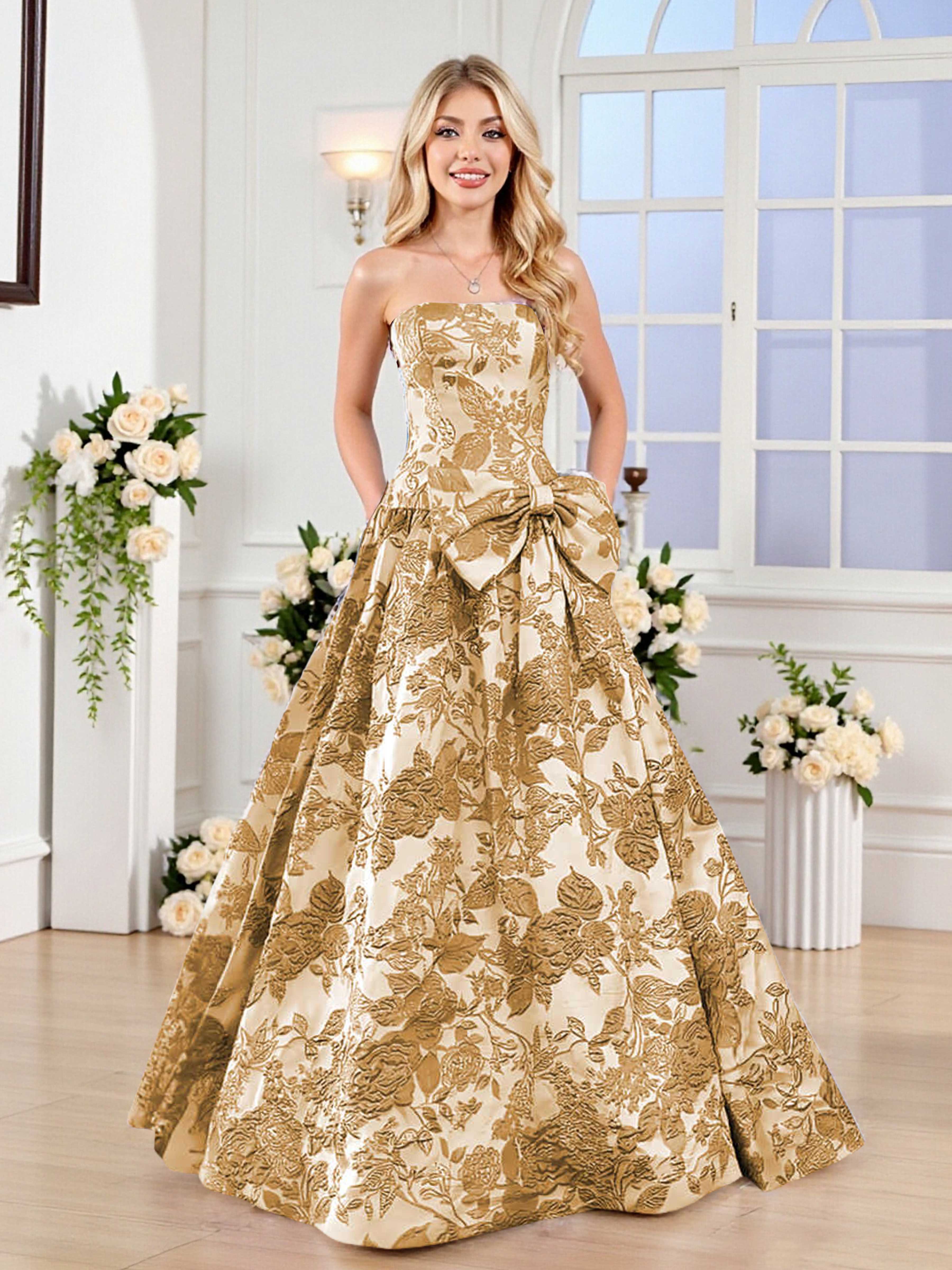 Fairytale A-Line Strapless Jacquard Satin Long Prom Dresses With Knot Fairytale A-Line Strapless Jacquard Satin Long Prom Dresses With Knot