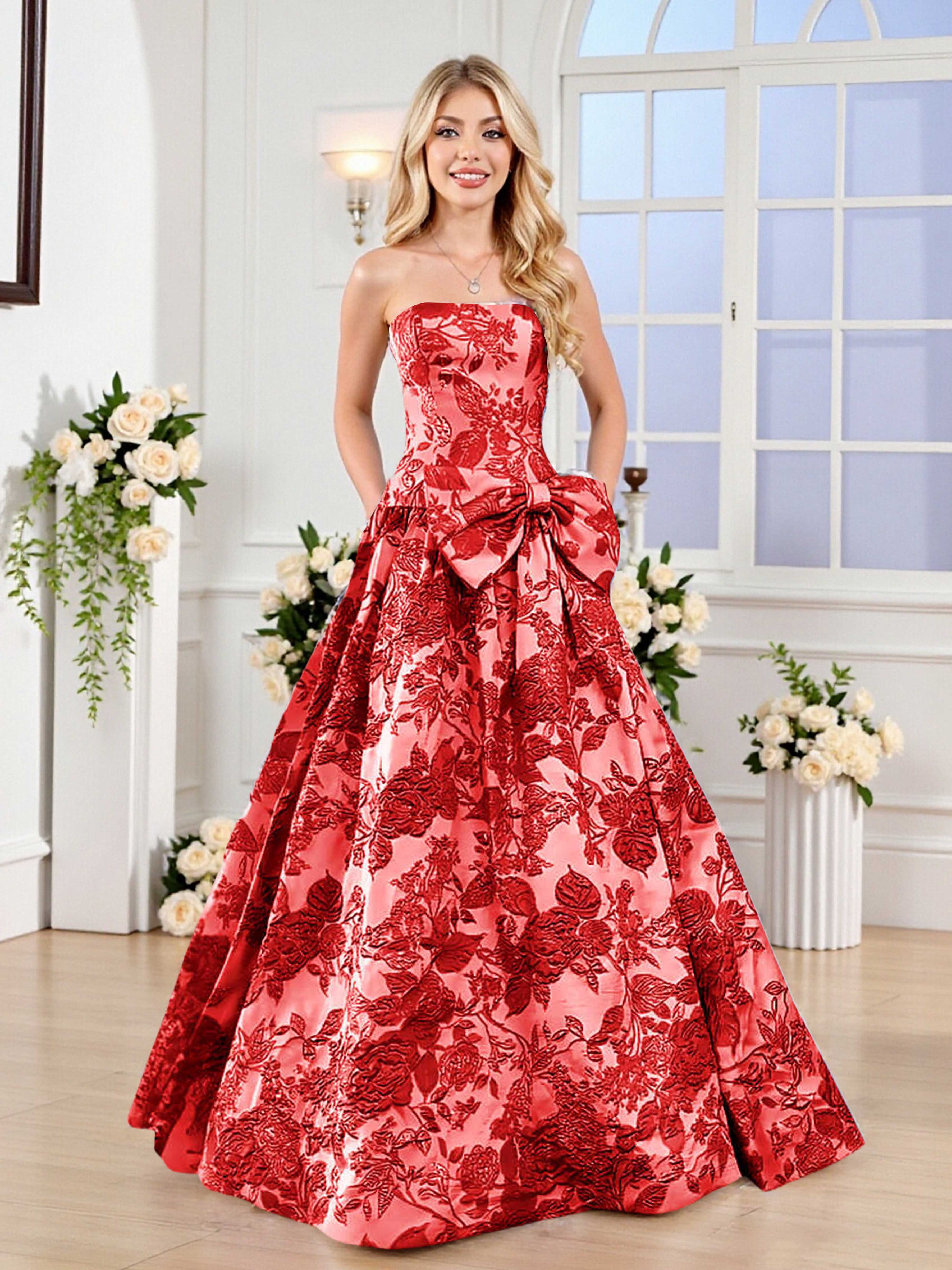 Fairytale A-Line Strapless Jacquard Satin Long Prom Dresses With Knot Fairytale A-Line Strapless Jacquard Satin Long Prom Dresses With Knot