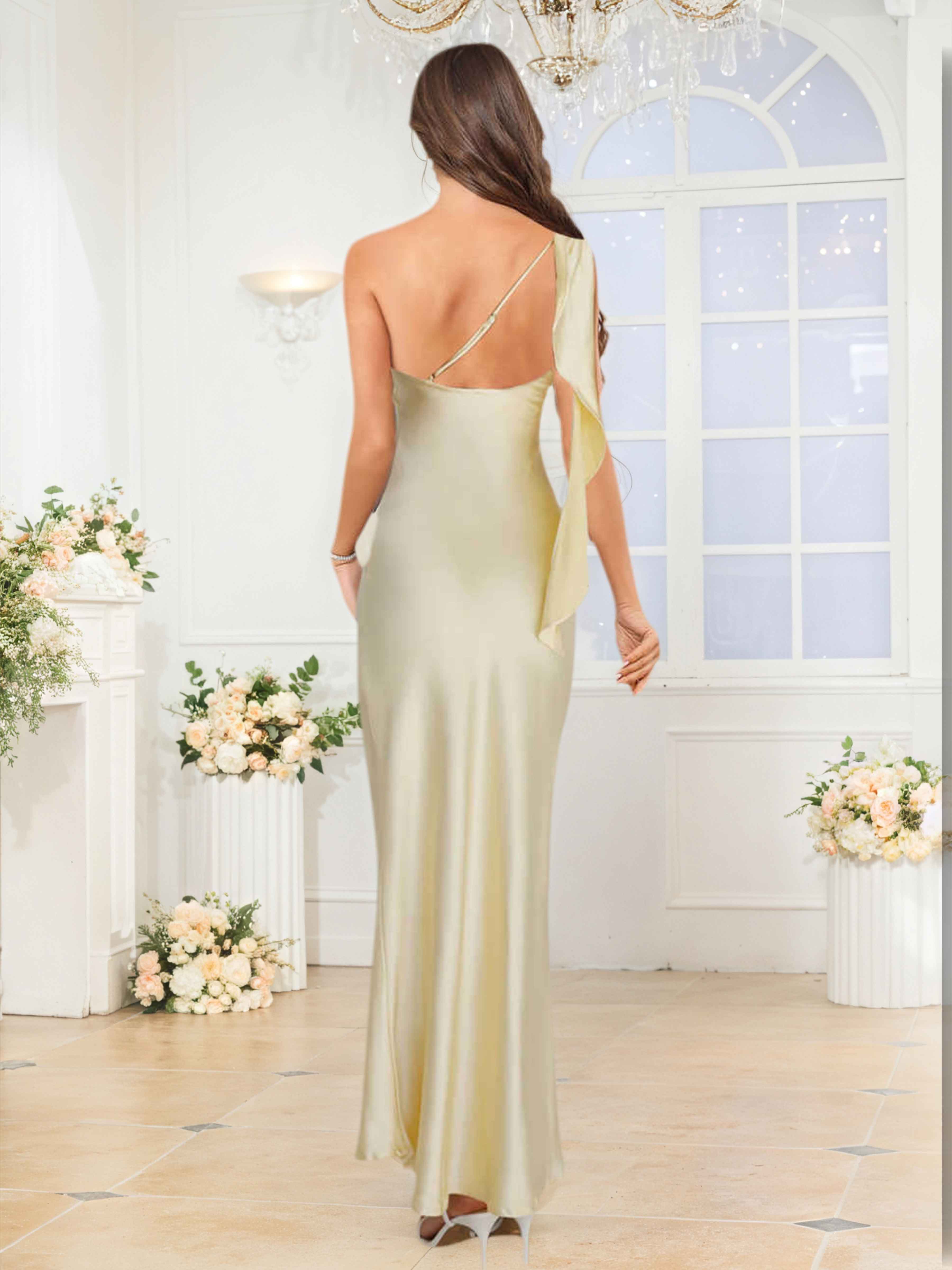 Floris Simple Sheath One Shoulder Pleated Long Satin Bridesmaid Dresses