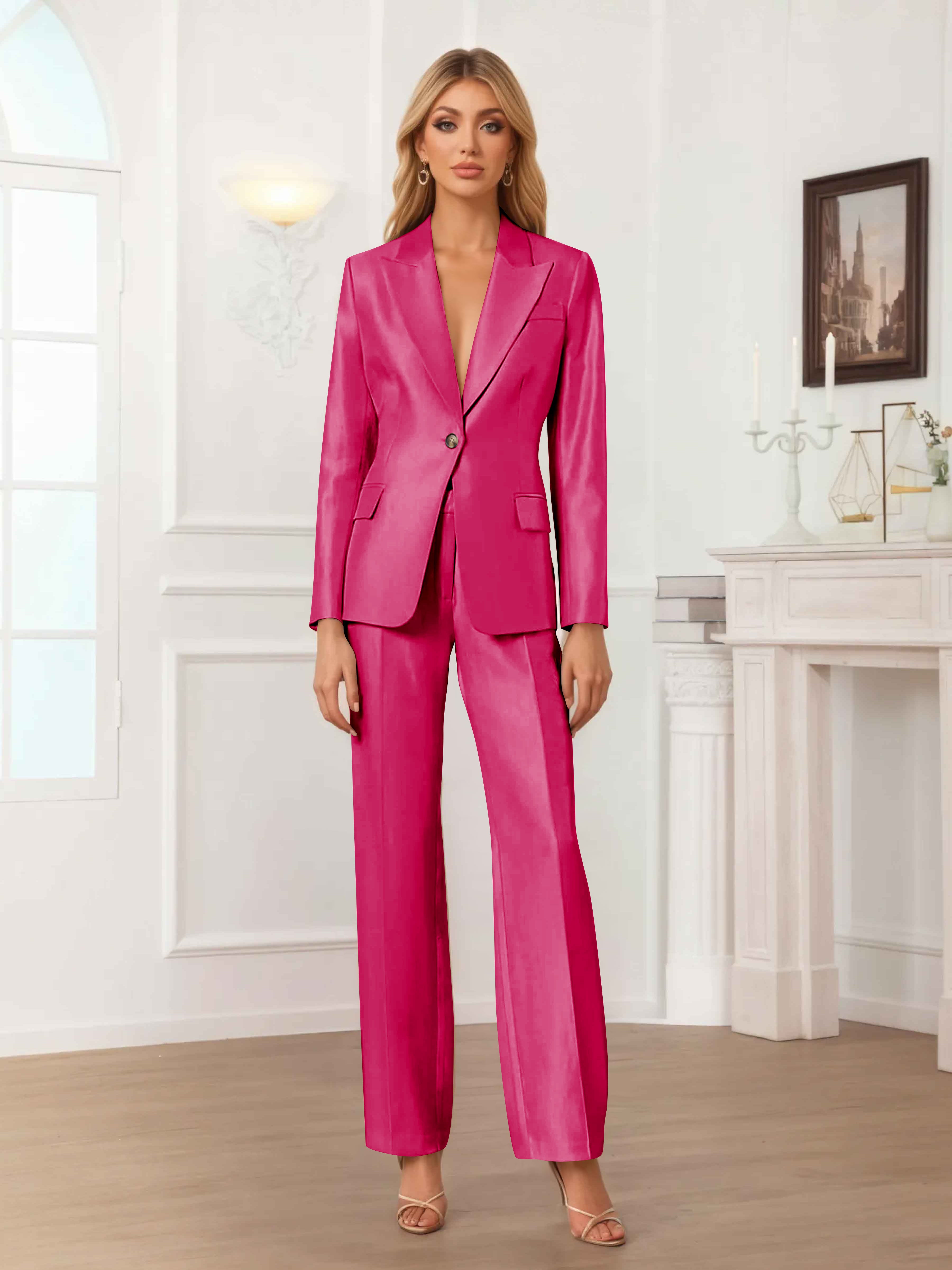 Women's 2 Pieces Peak Lapel One-Button Satin Formal Suit Set UK