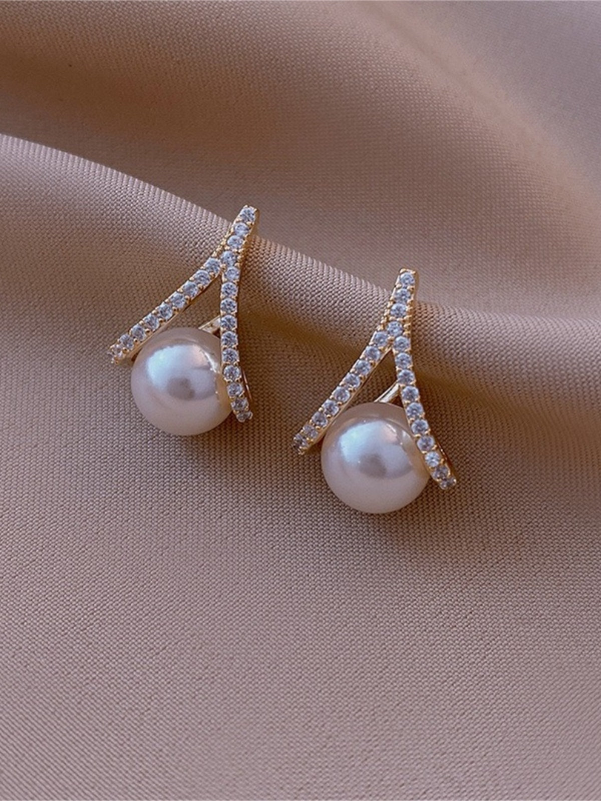 Gold Pearl Crystal Bridal Stud Earrings