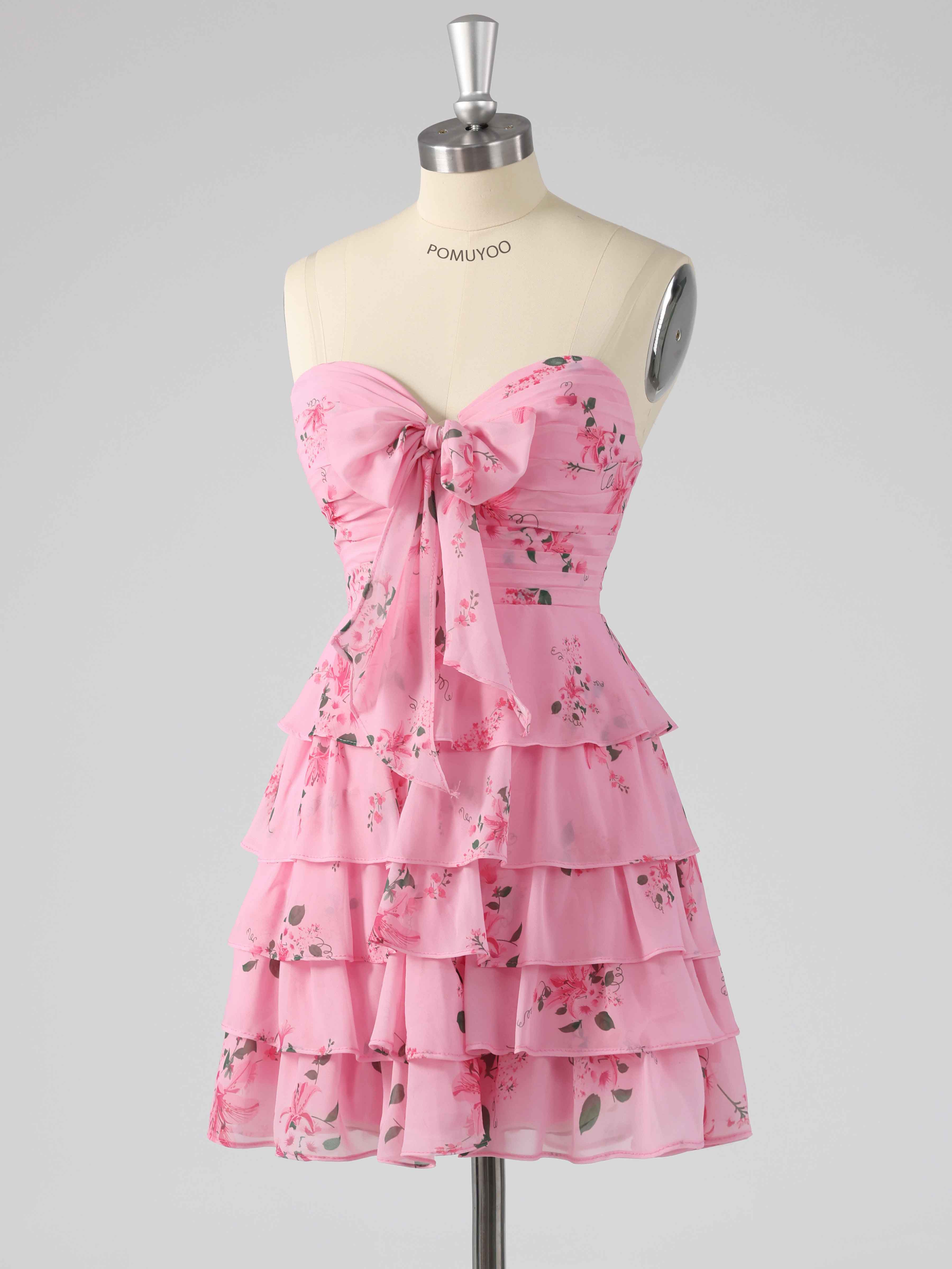Gorgeous Sweetheart Tiered Floral Print Mini Party Dress with Bow