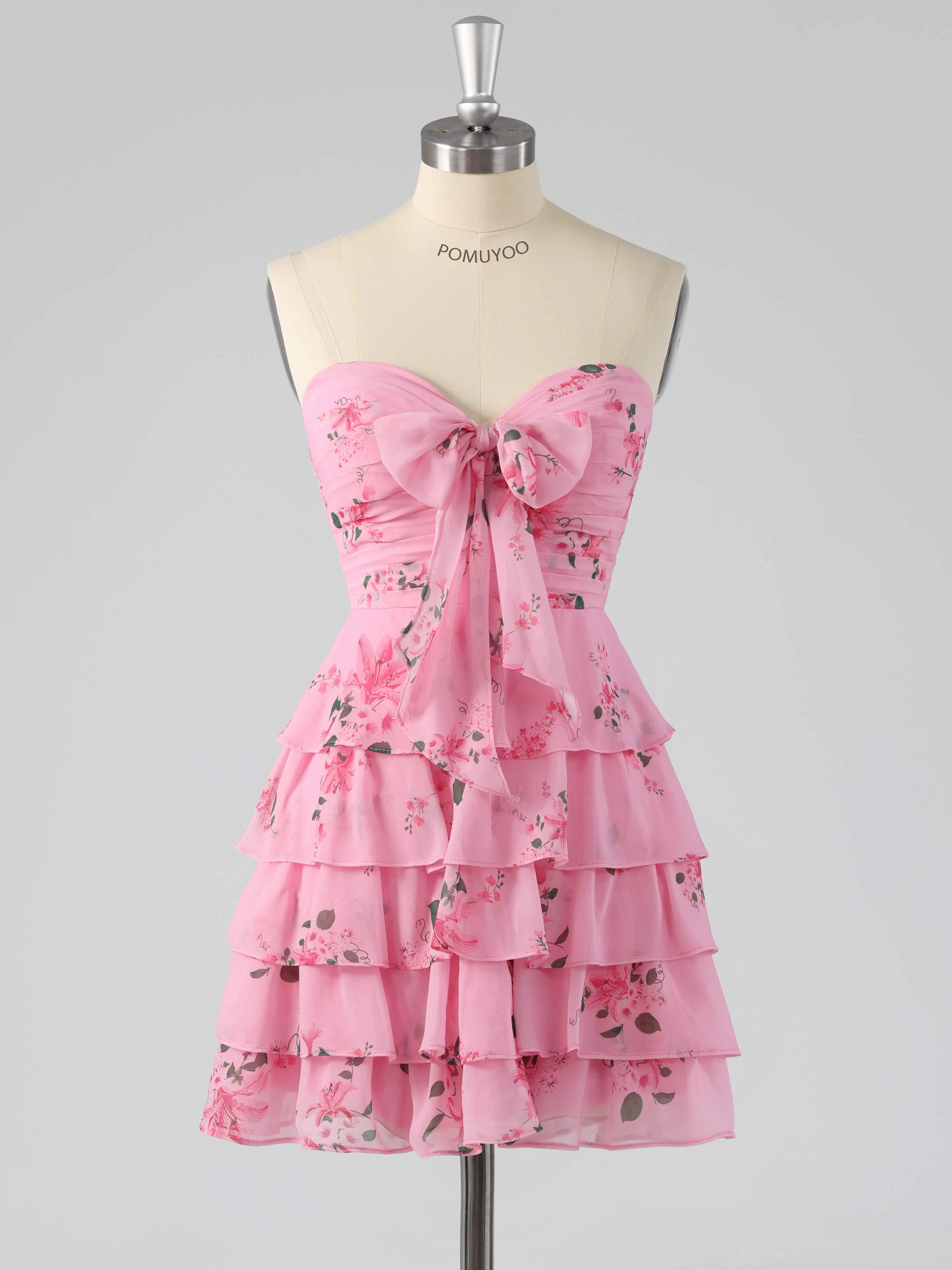 Gorgeous Sweetheart Tiered Floral Print Mini Party Dress with Bow