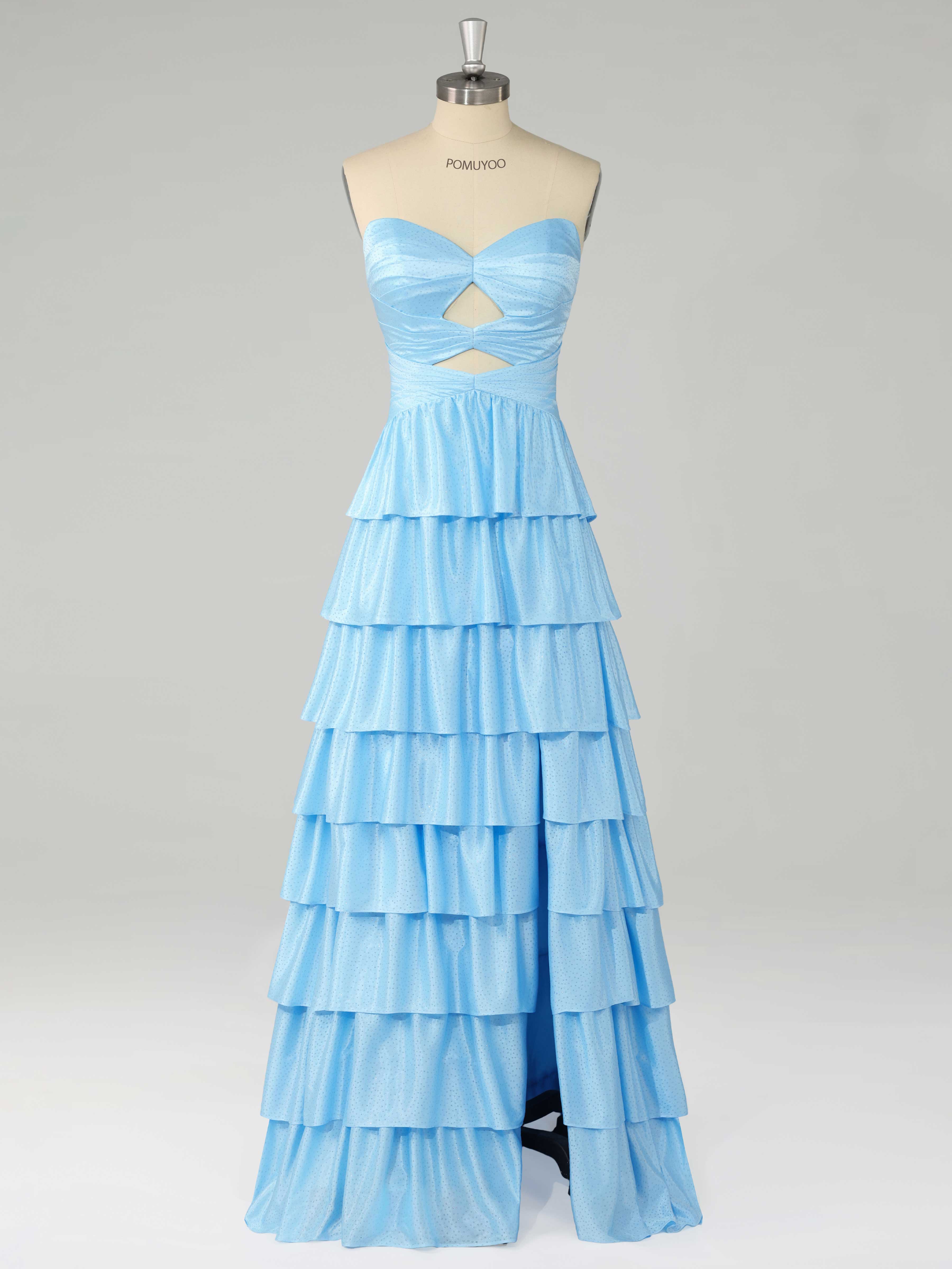 Graceful A-Line Sweetheart Tiered Sweep Train Beading Satin Prom Dresses UK