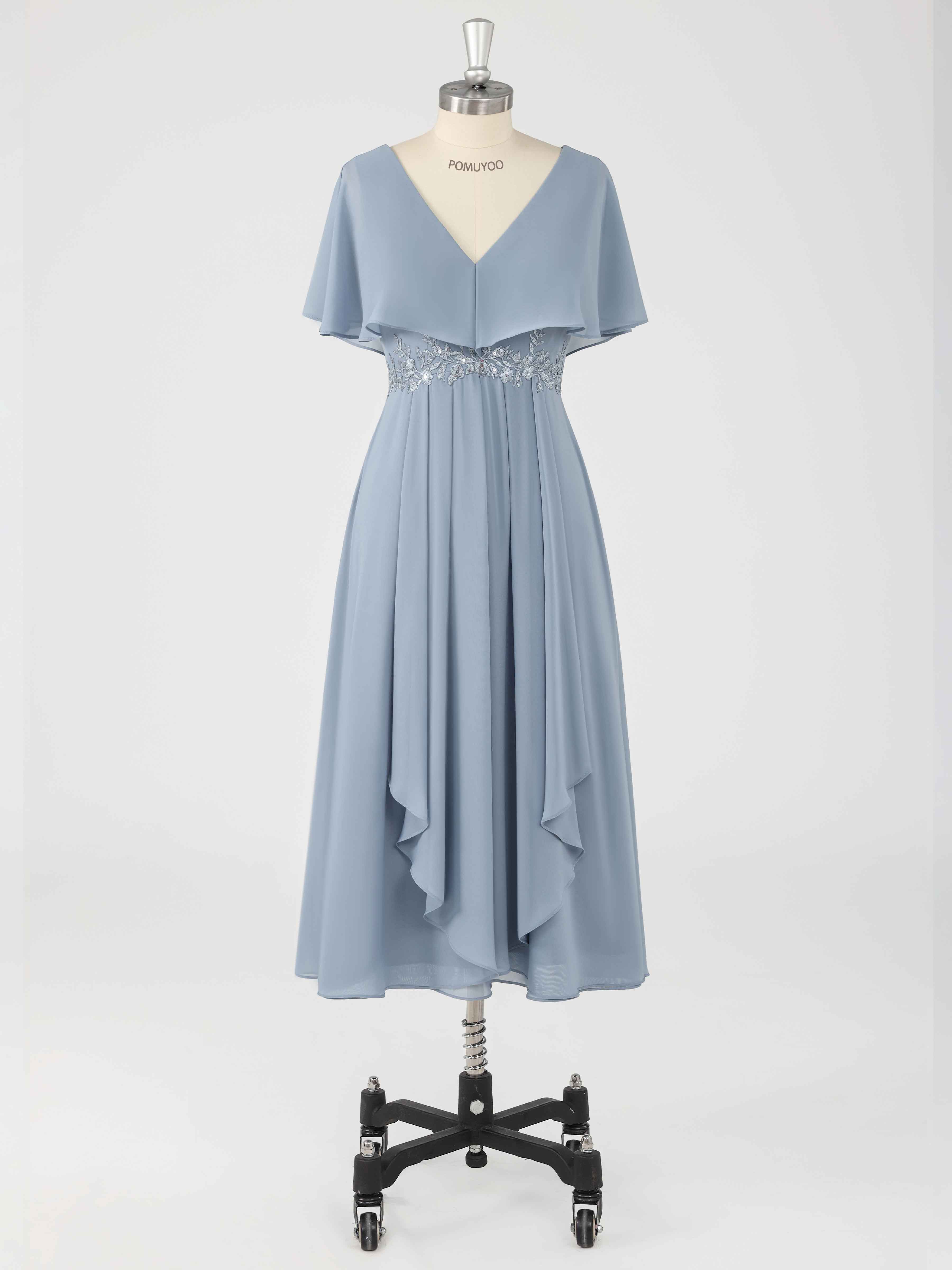 Elegant V Neck Appliques Tea Length Chiffon Mother of the Bride Dresses UK