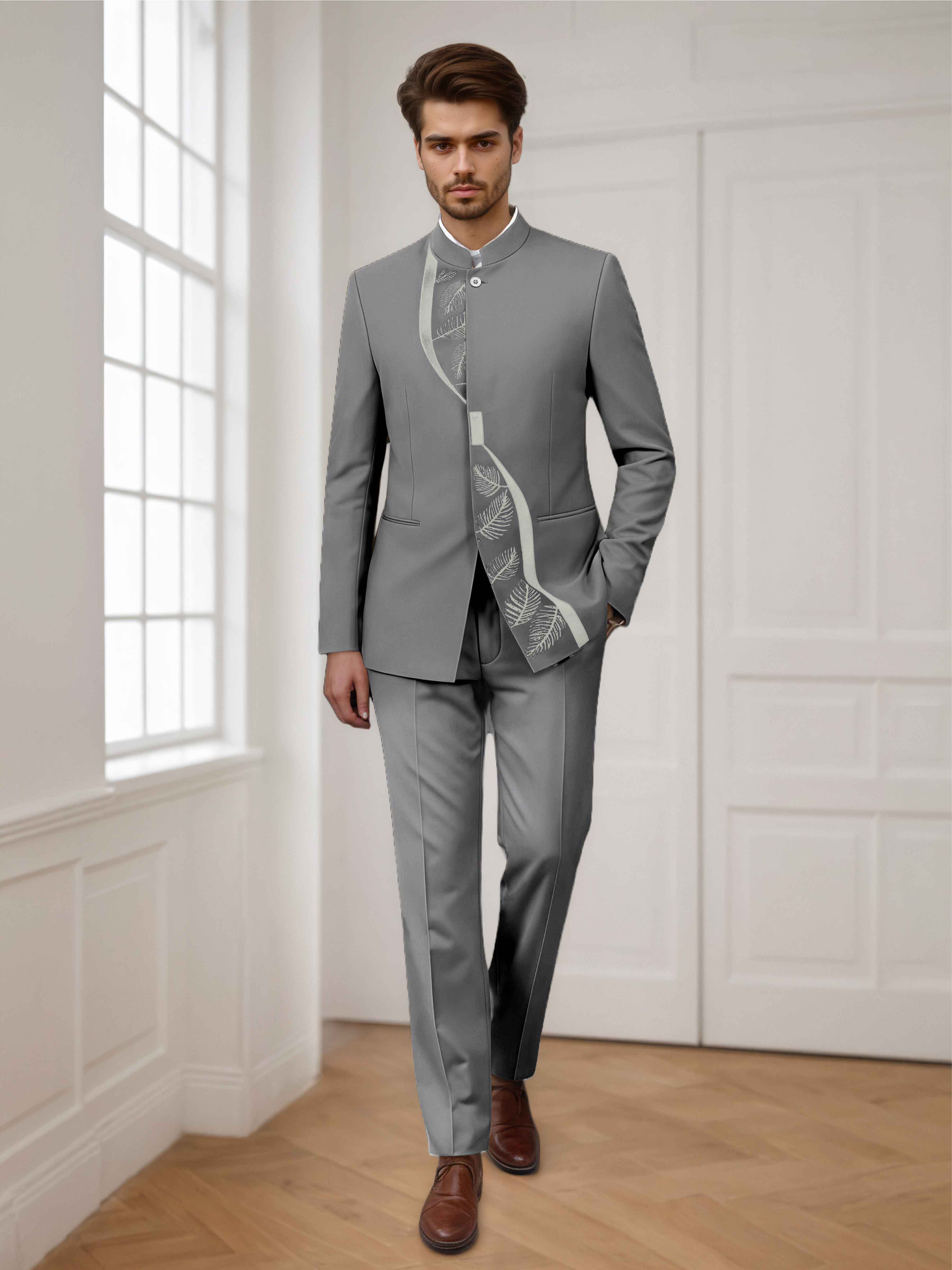 Trendy 2 Pieces Men's Embroidered  Stand Lapel Formal Suit UK