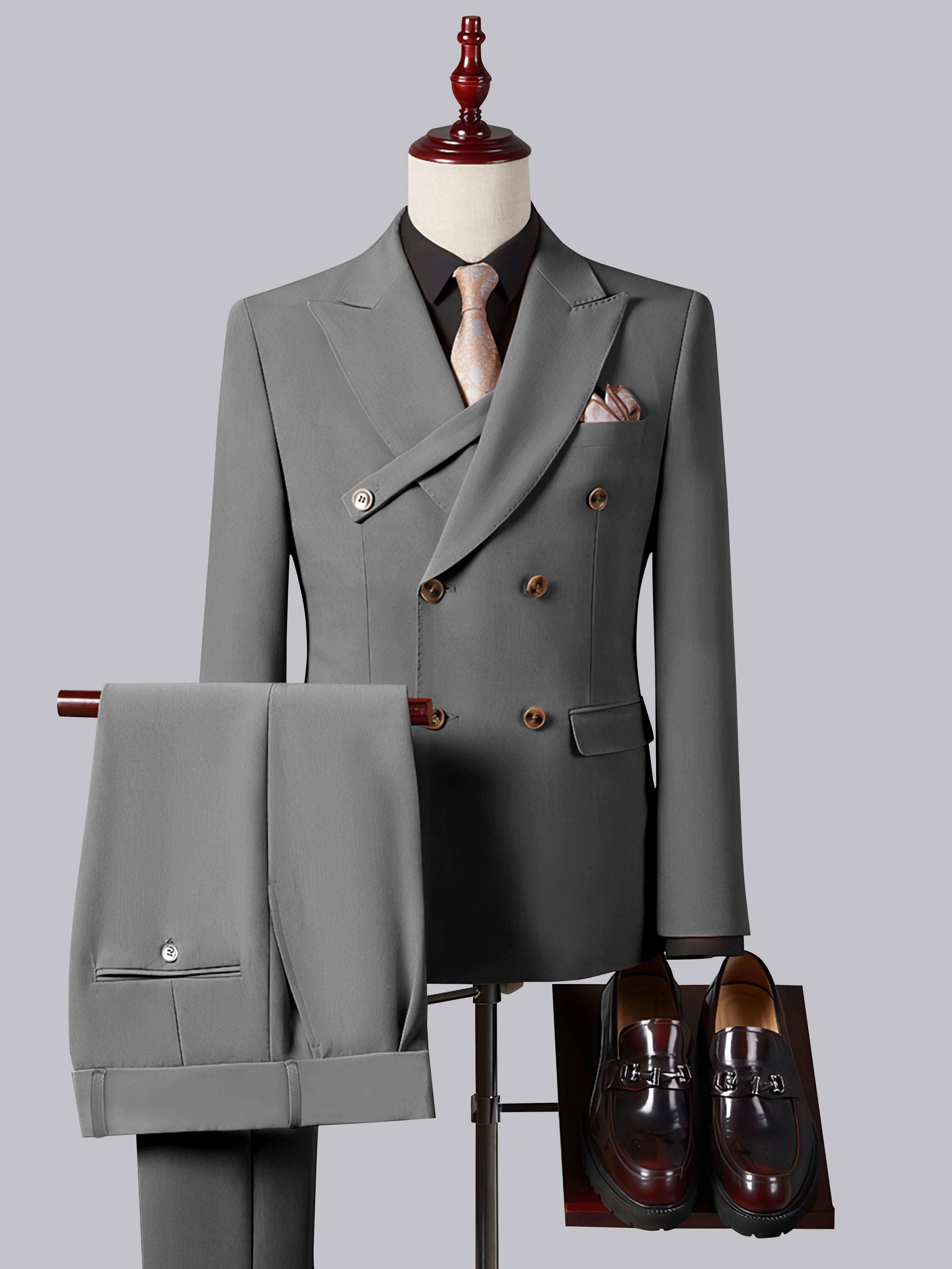 Refined Slim Fit Double Breasted Men's 2 Pieces Peak Lapel Suit with Strap