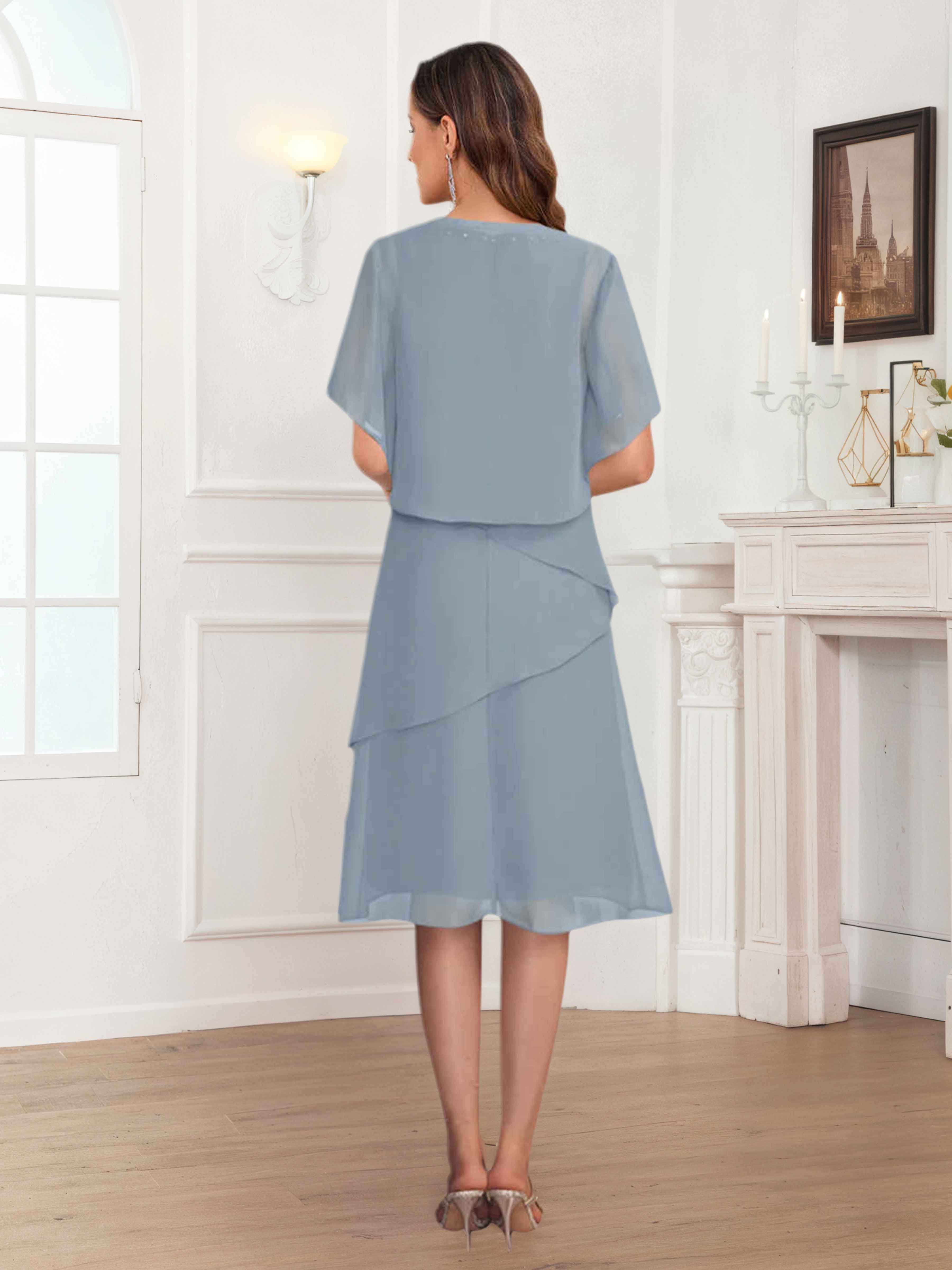 Halia Two Pieces A-Line Beading Knee Length Chiffon Mother of the Bride Dresses