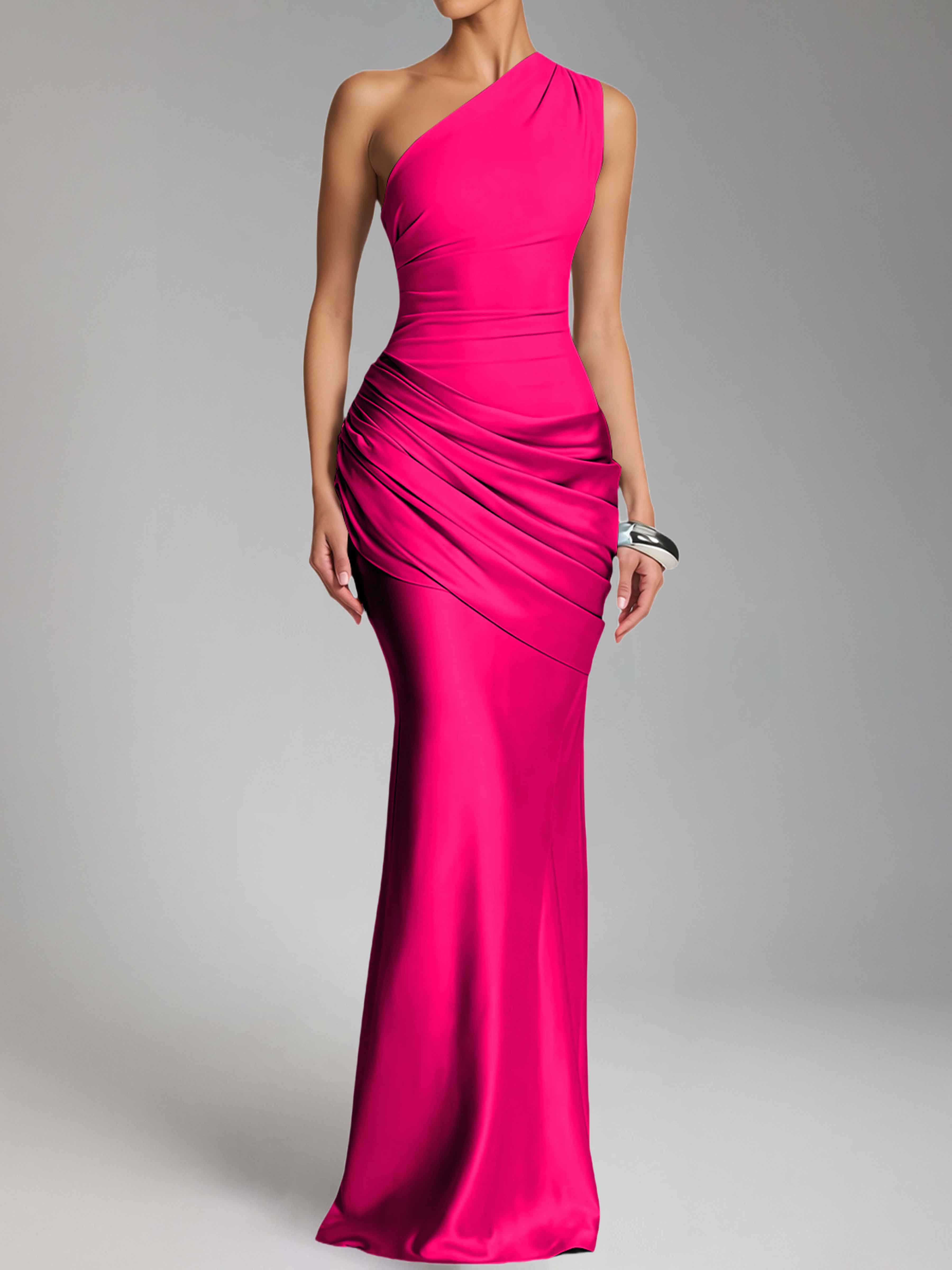 Jaelithra Elegant One Shoulder Pleated Satin Long Prom Dresses