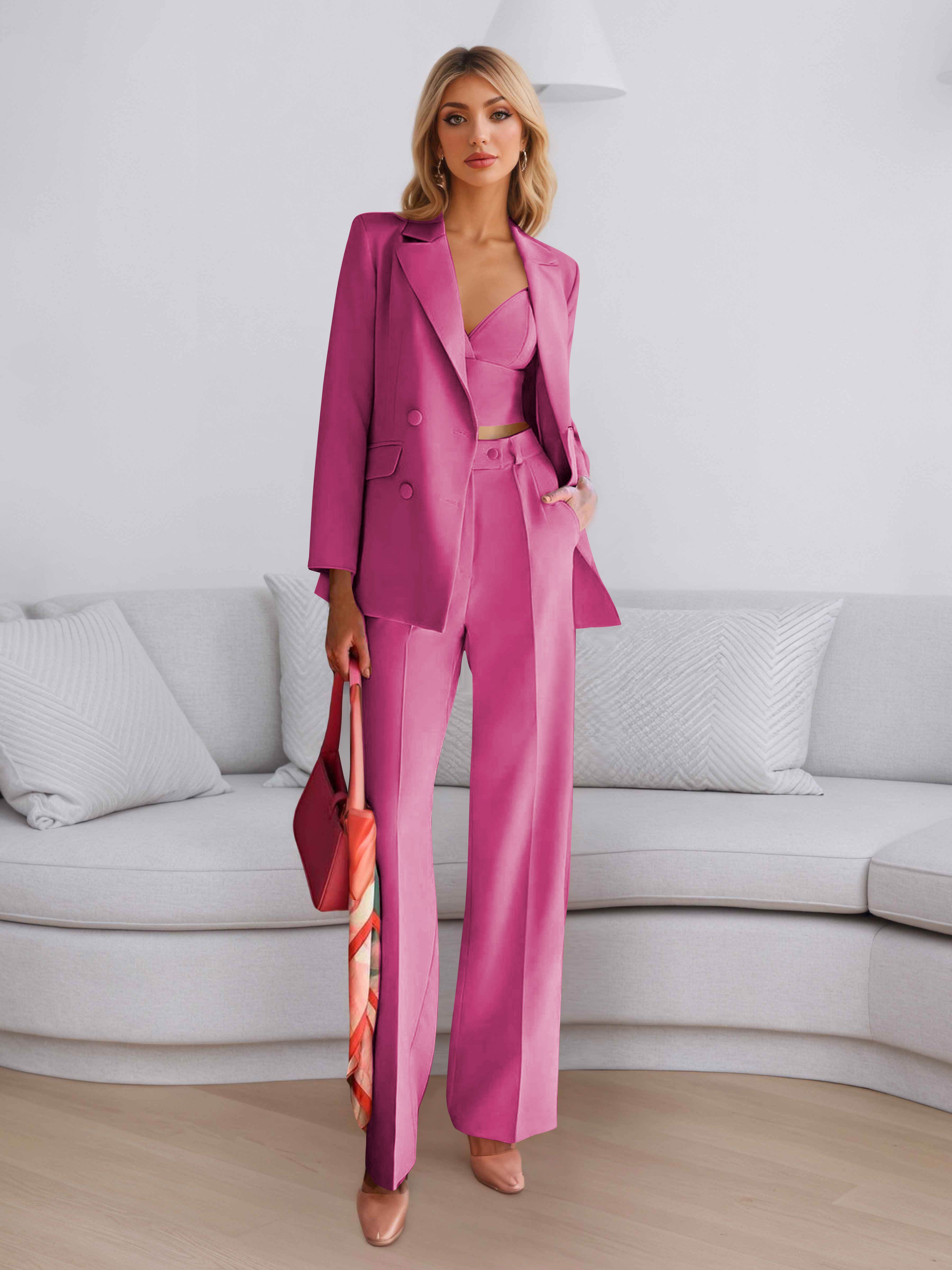 Elegant Women's 3 Pieces Solid Formal Blazer and Pants Suit Set UK