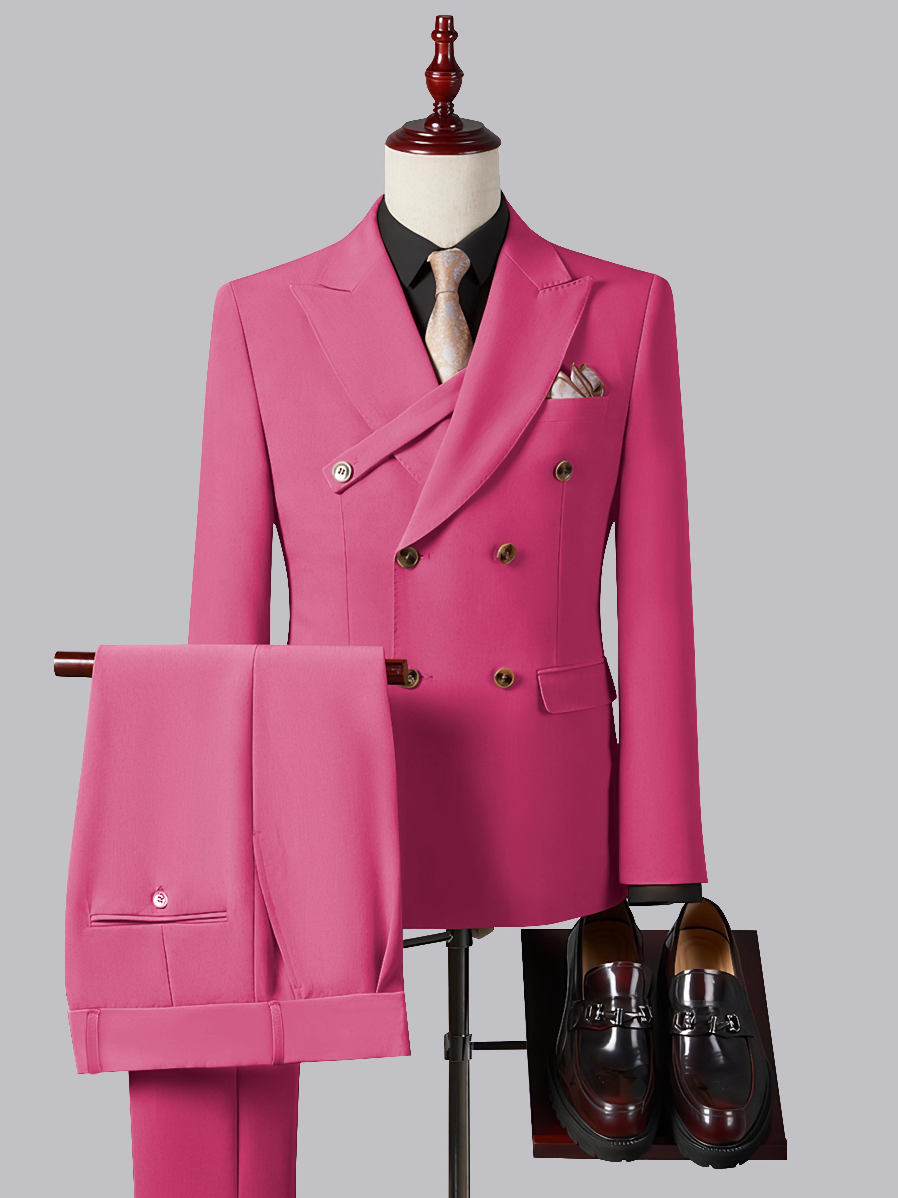 Refined Slim Fit Double Breasted Men's 2 Pieces Peak Lapel Suit with Strap