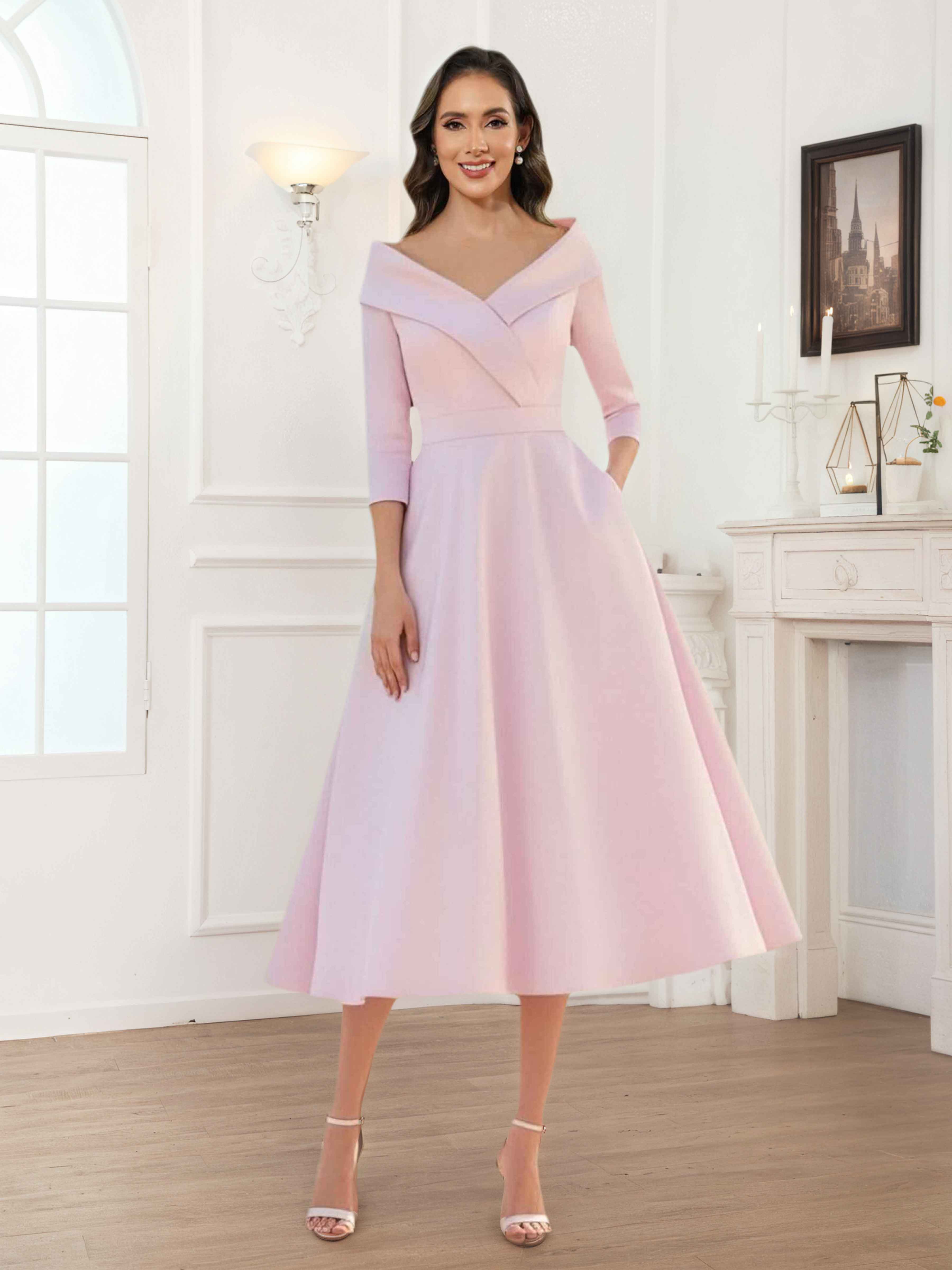 Illyria Modern A-Line Tea Length Satin Mother of the Bride Dresses With Pockets