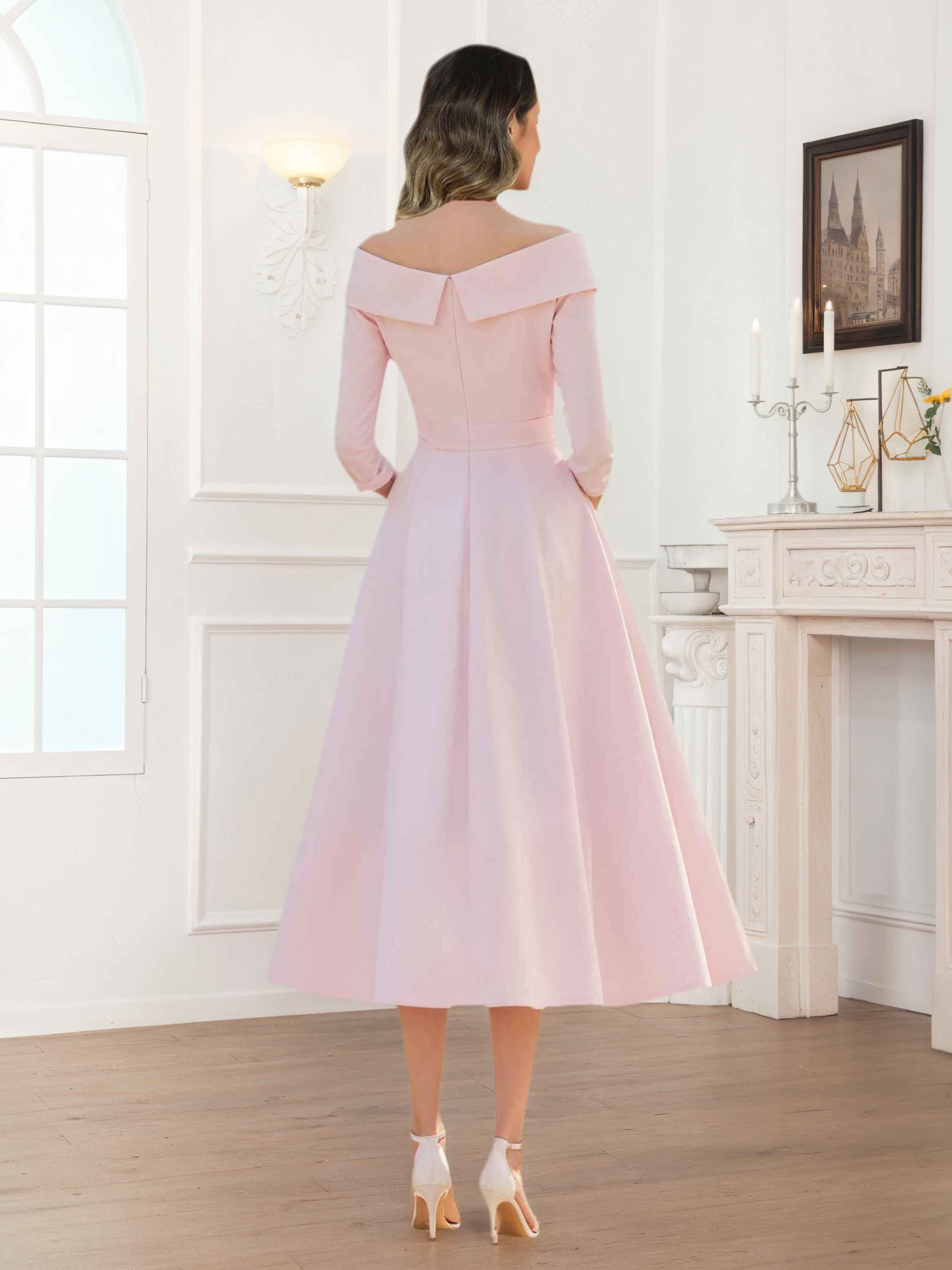 Illyria Modern A-Line Tea Length Satin Mother of the Bride Dresses With Pockets